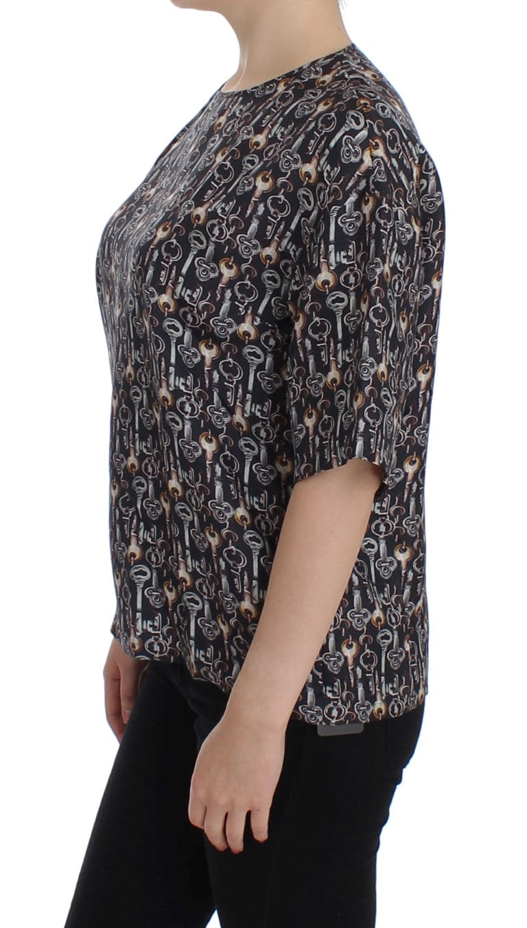 Dolce & Gabbana Gray Gold Key Print Silk Blouse Women's T-shirt