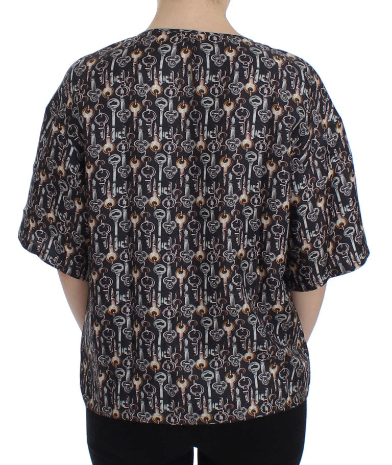 Dolce & Gabbana Gray Gold Key Print Silk Blouse Women's T-shirt