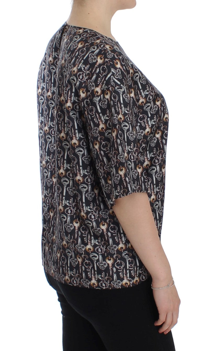 Dolce & Gabbana Gray Gold Key Print Silk Blouse Women's T-shirt
