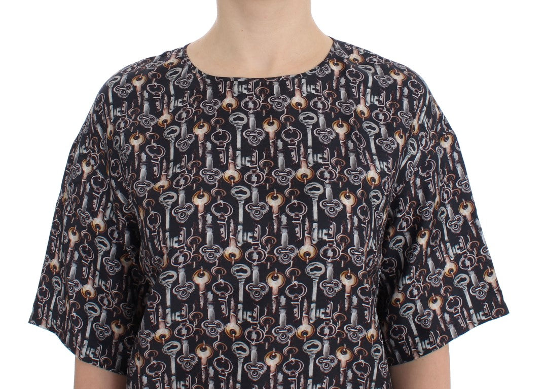 Dolce & Gabbana Gray Gold Key Print Silk Blouse Women's T-shirt