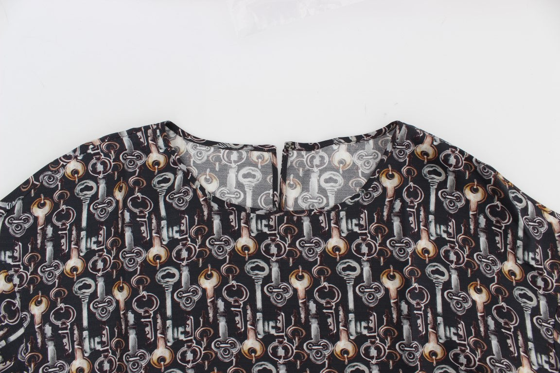 Dolce & Gabbana Gray Gold Key Print Silk Blouse Women's T-shirt