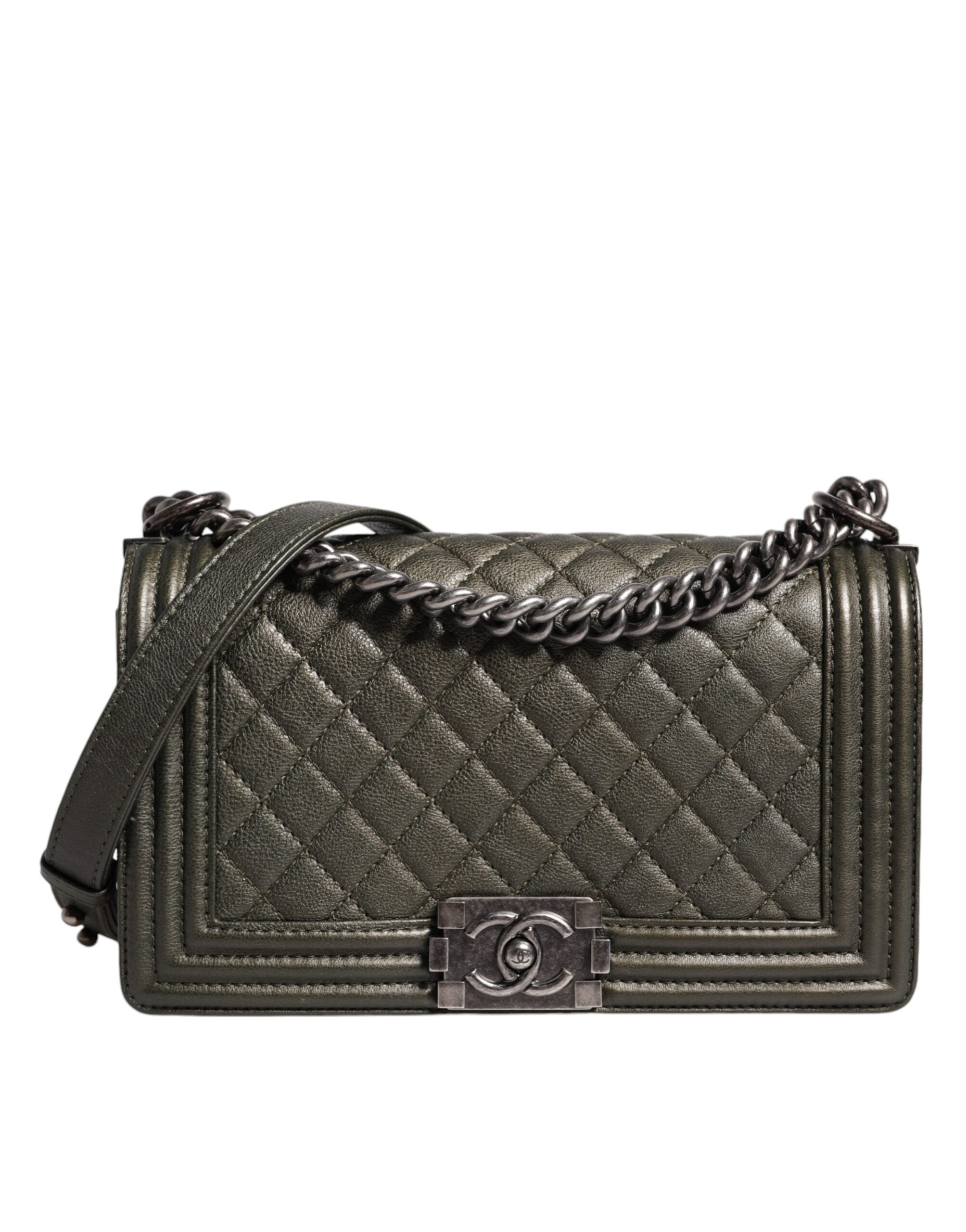 Chanel Dark Green Leather Shoulder Women's Gray Metal Purse Women's Bag