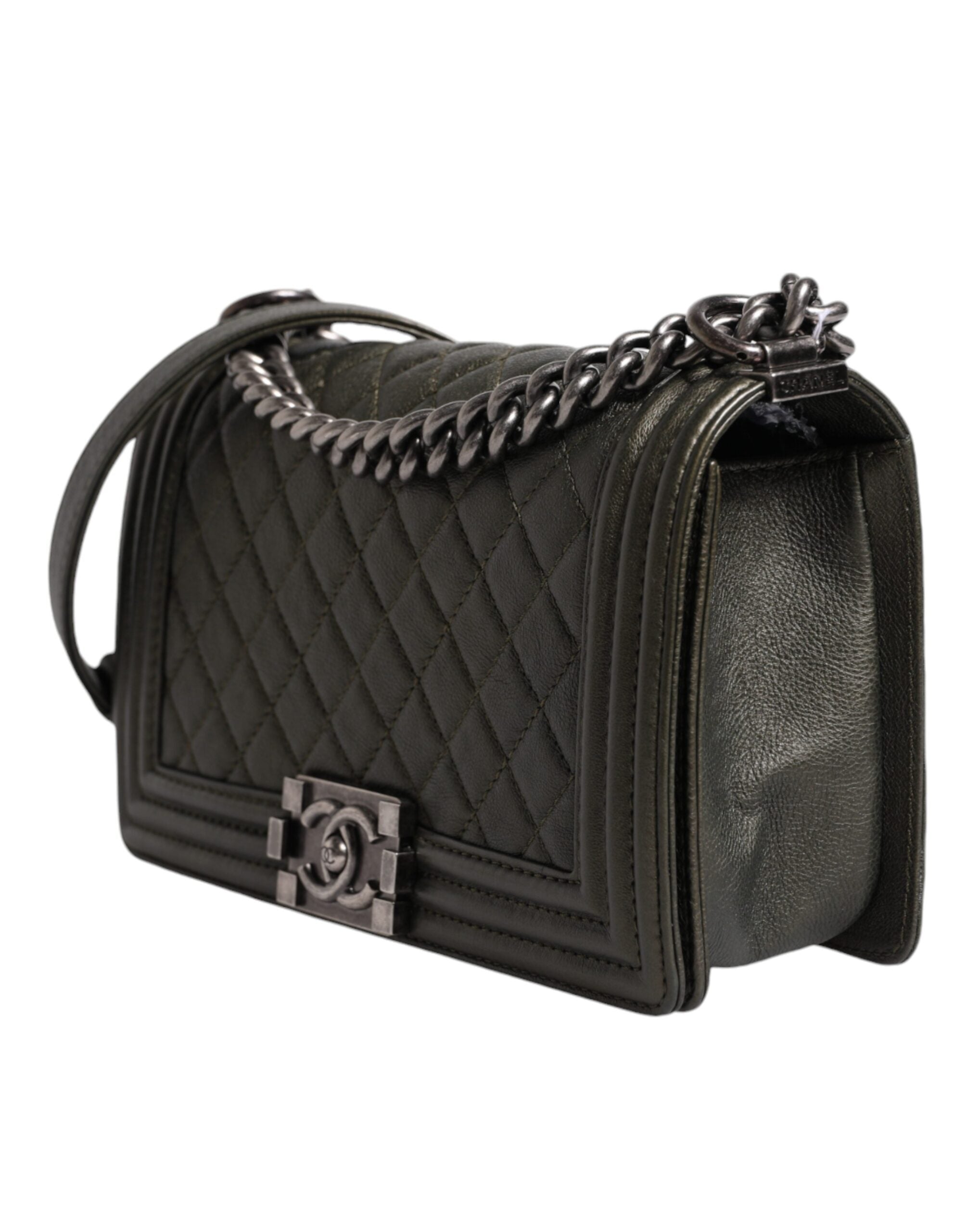 Chanel Dark Green Leather Shoulder Women's Gray Metal Purse Women's Bag