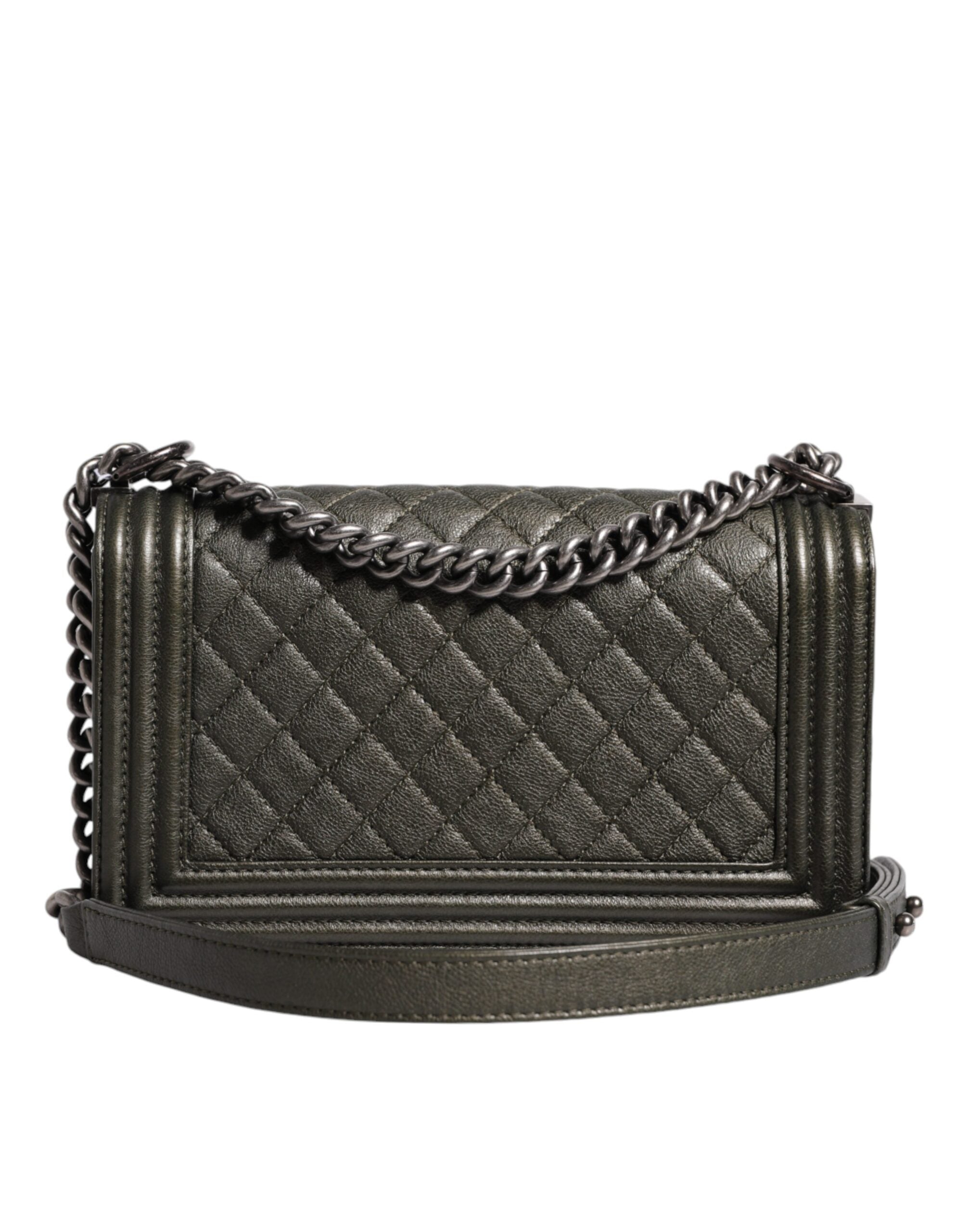 Chanel Dark Green Leather Shoulder Women's Gray Metal Purse Women's Bag