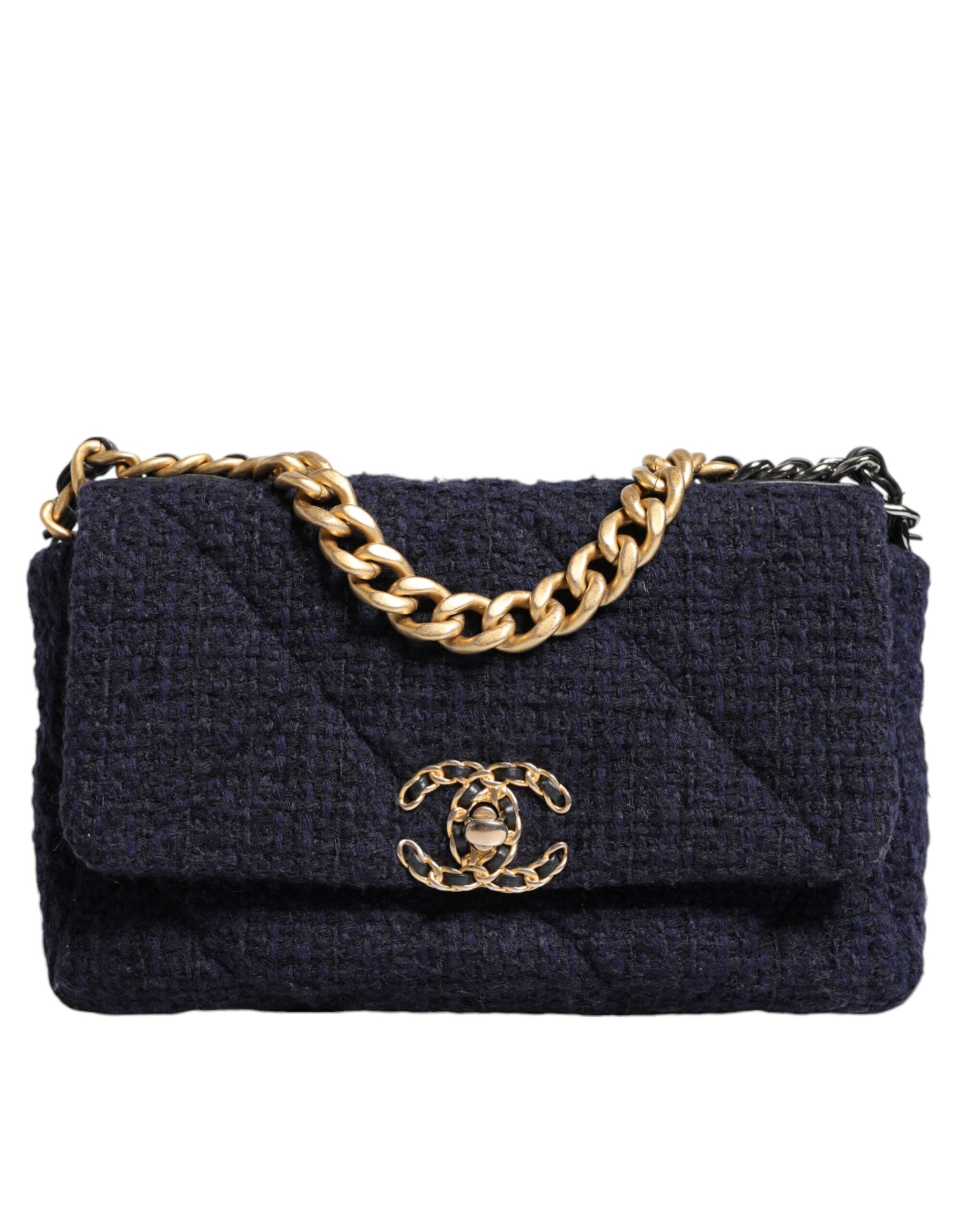 Chanel Dark Blue Medium Flap Tweed CC Gold Gray Chain Shoulder Women's Bag