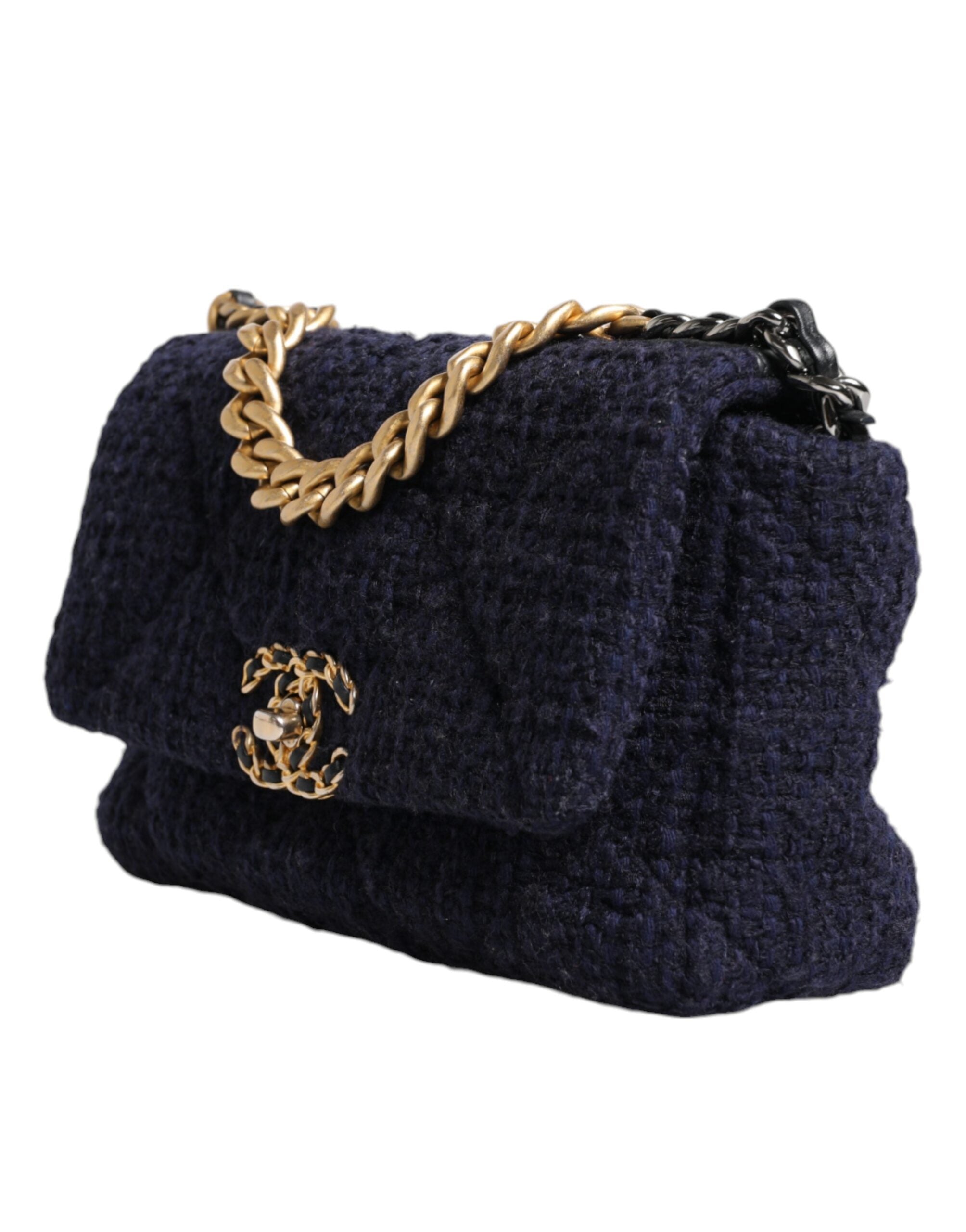 Chanel Dark Blue Medium Flap Tweed CC Gold Gray Chain Shoulder Women's Bag