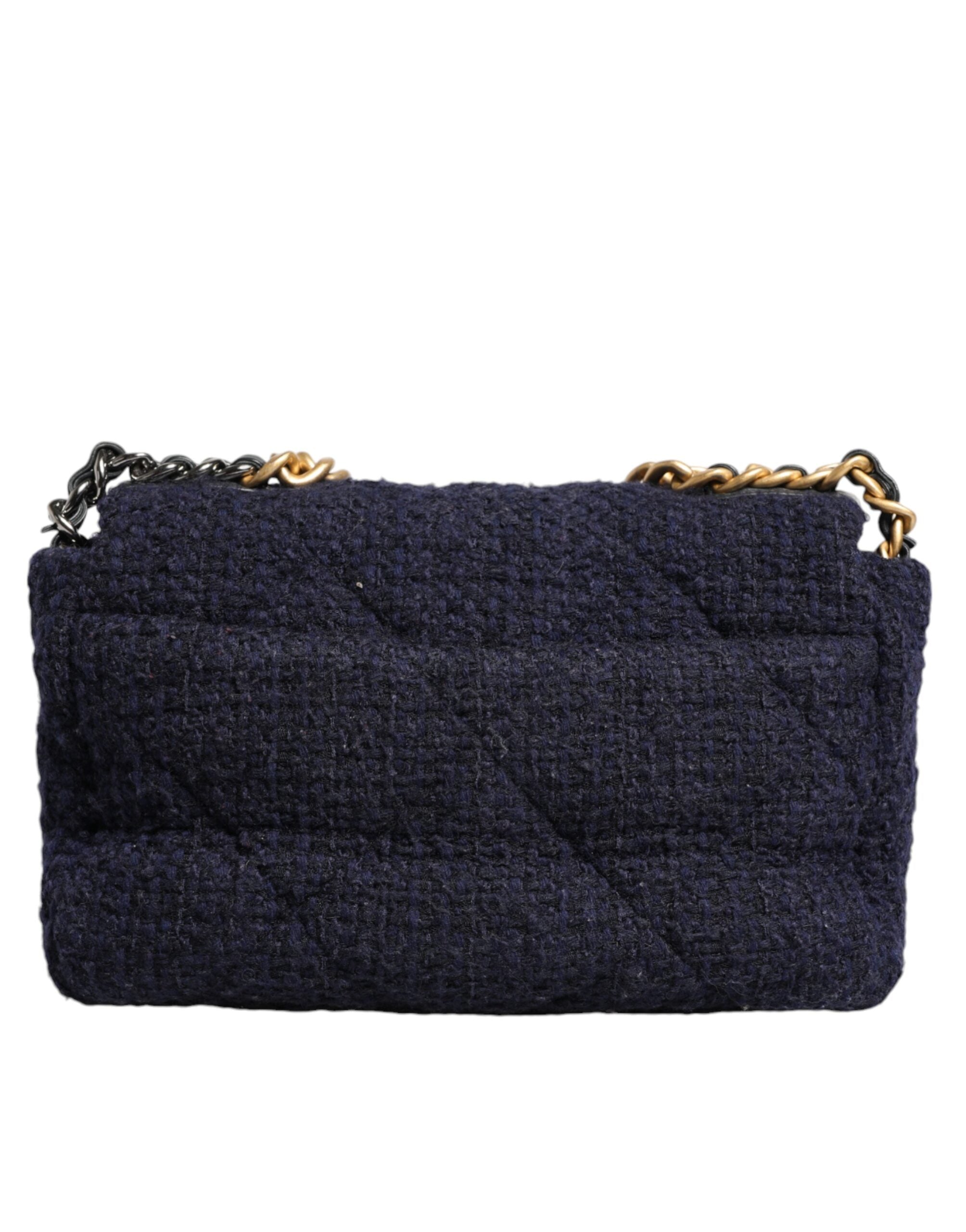 Chanel Dark Blue Medium Flap Tweed CC Gold Gray Chain Shoulder Women's Bag
