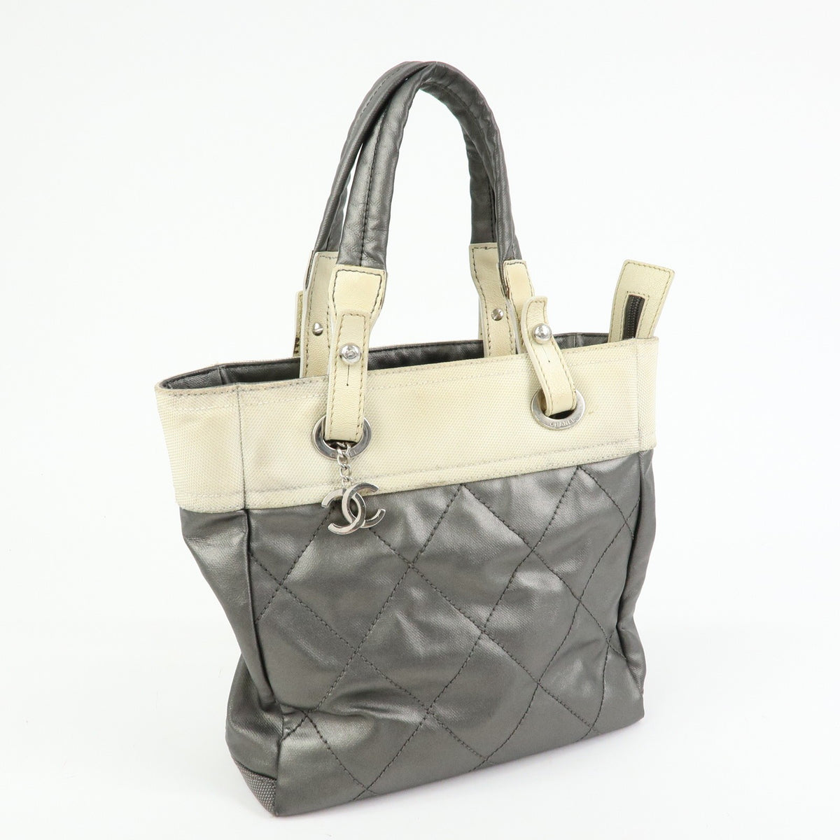 Chanel Biarritz Quilted Coated Canvas Gray Canvas Tote Bag Bag (Pre-Owned)