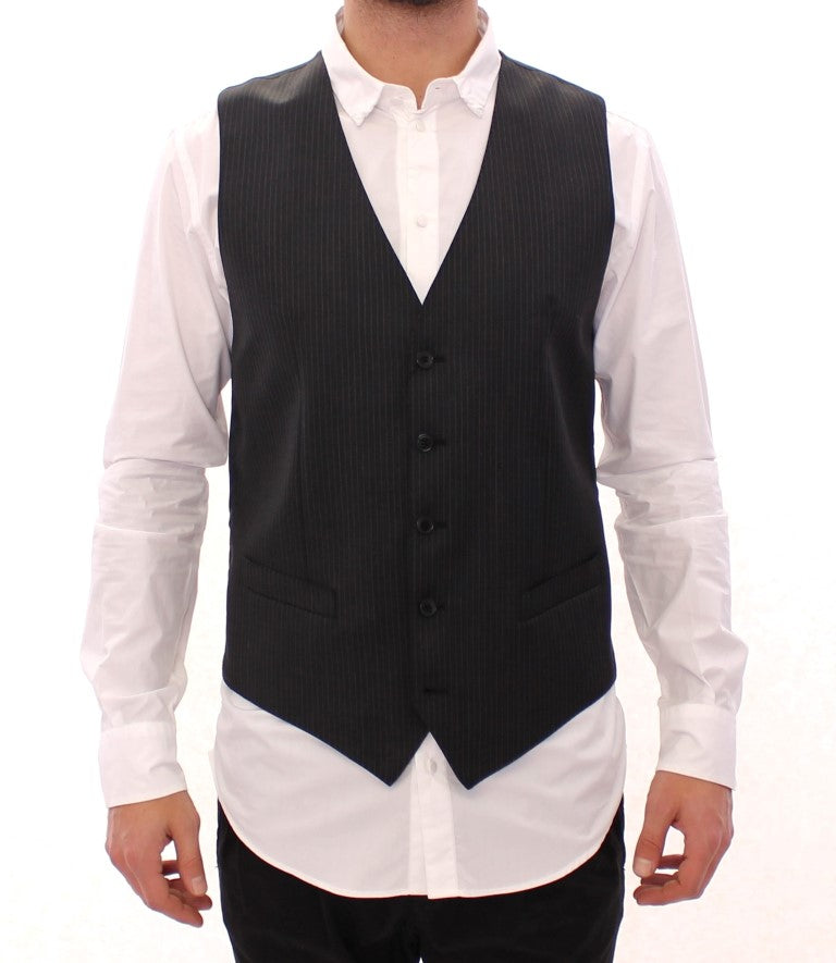 Dolce & Gabbana Gray Striped Wool Single Breasted Men's Vest