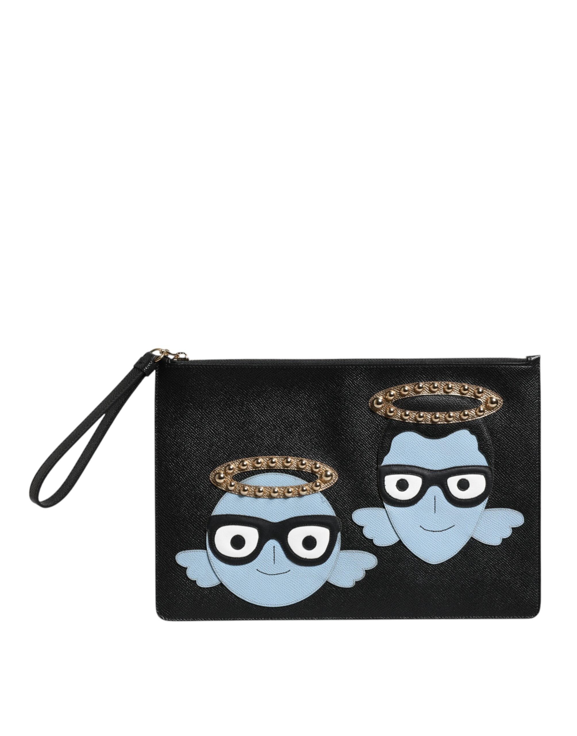 Dolce & Gabbana Black Leather #DGFAMILY Embellished Men Zip Pouch Men's Bag