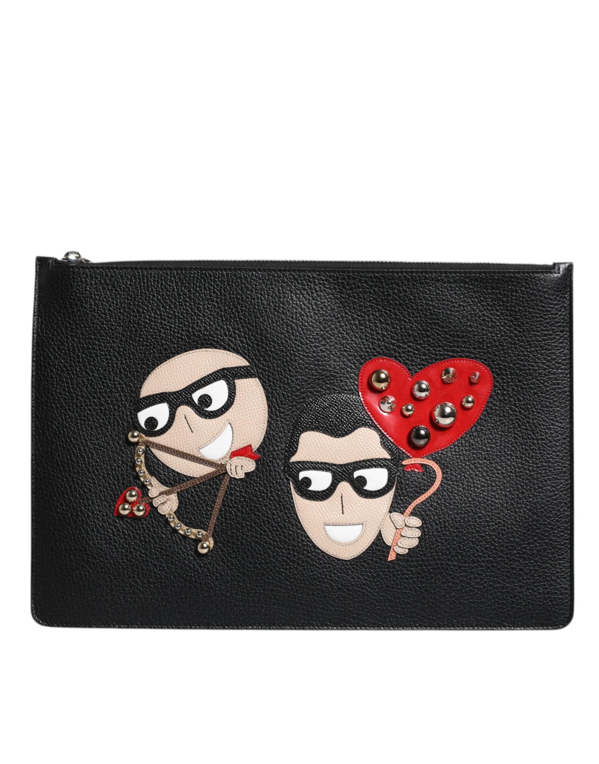 Dolce & Gabbana Black Leather #DGFAMILY Embellished Men Zip Pouch Men's Bag