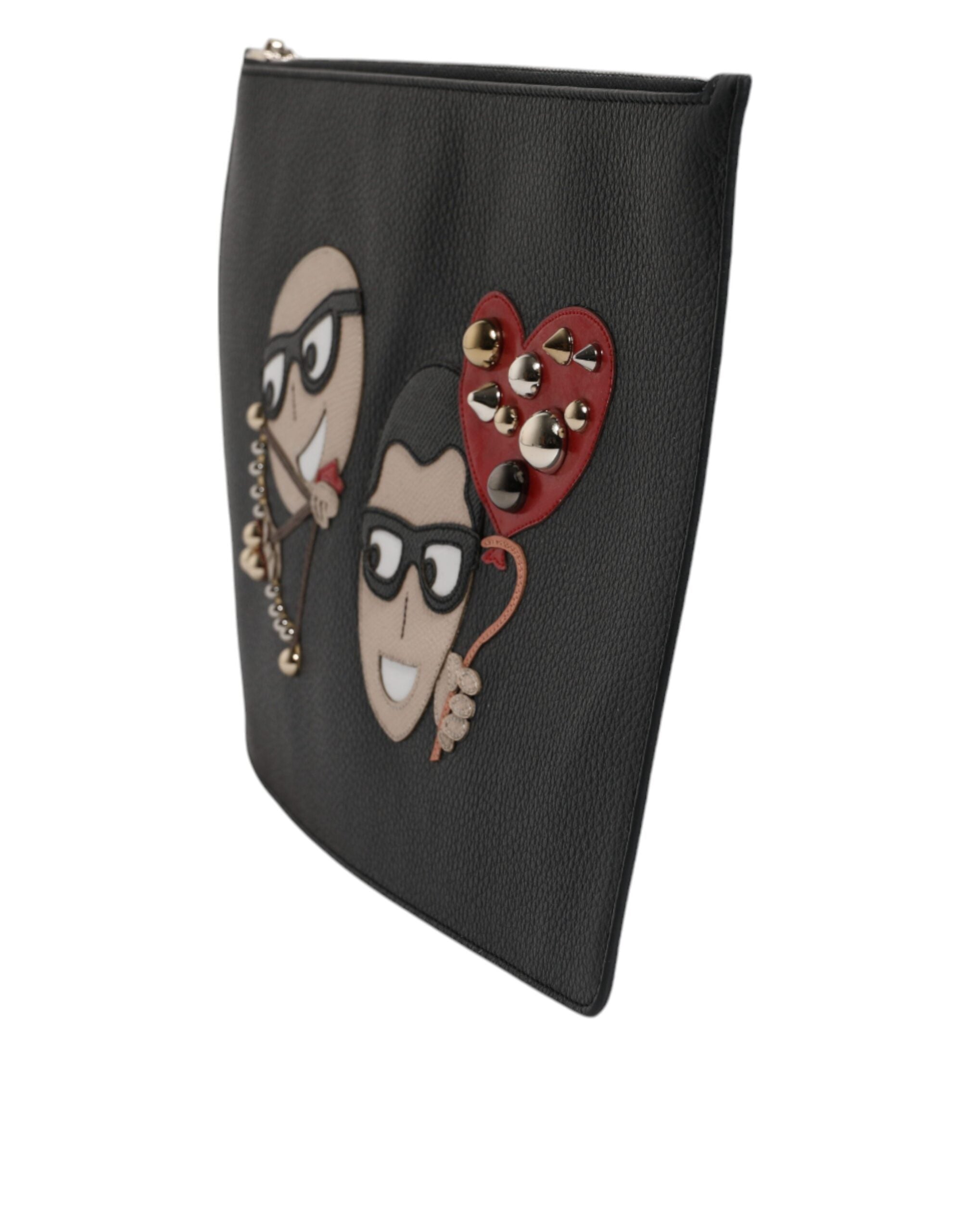 Dolce & Gabbana Black Leather #DGFAMILY Embellished Men Zip Pouch Men's Bag