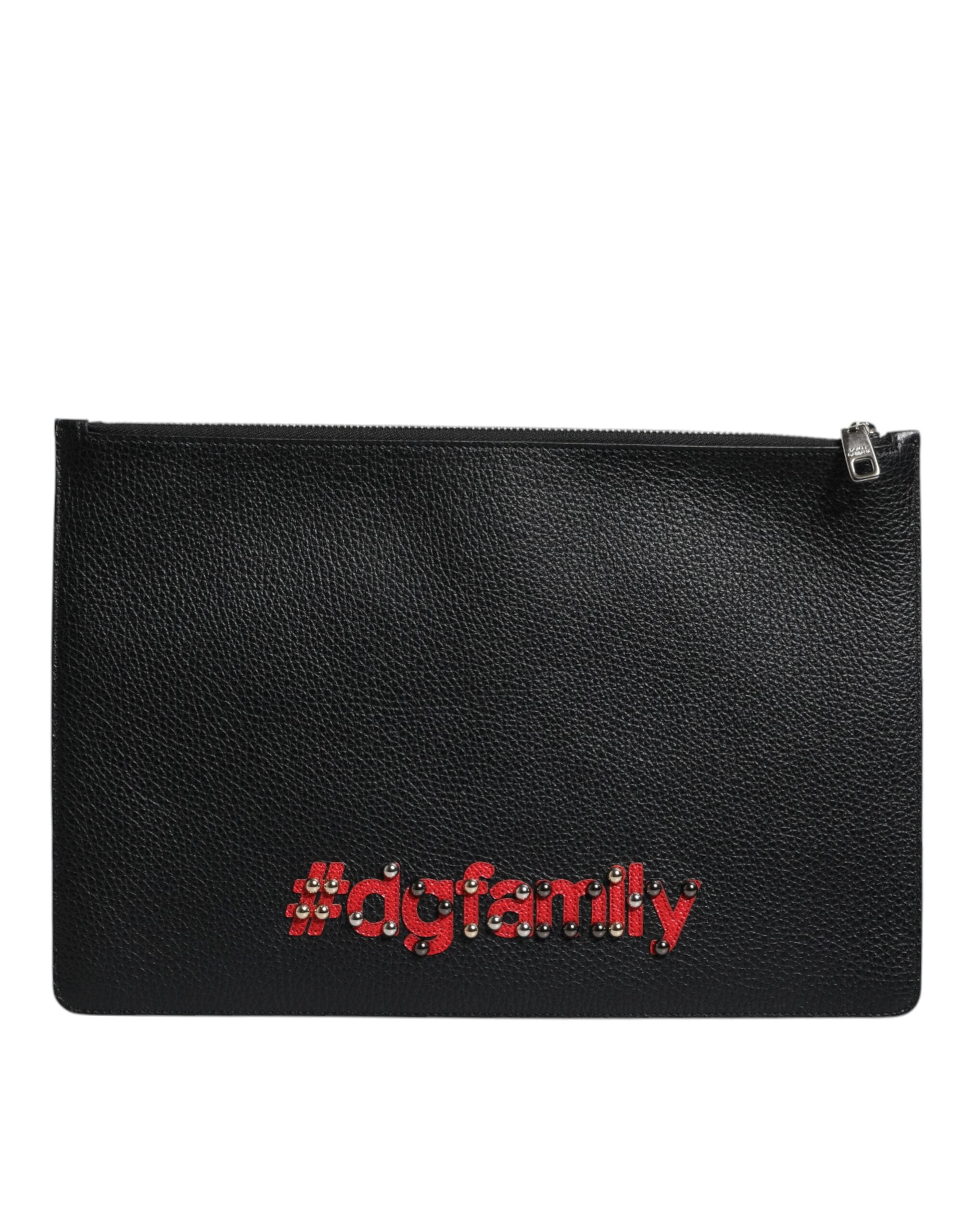 Dolce & Gabbana Black Leather #DGFAMILY Embellished Men Zip Pouch Men's Bag
