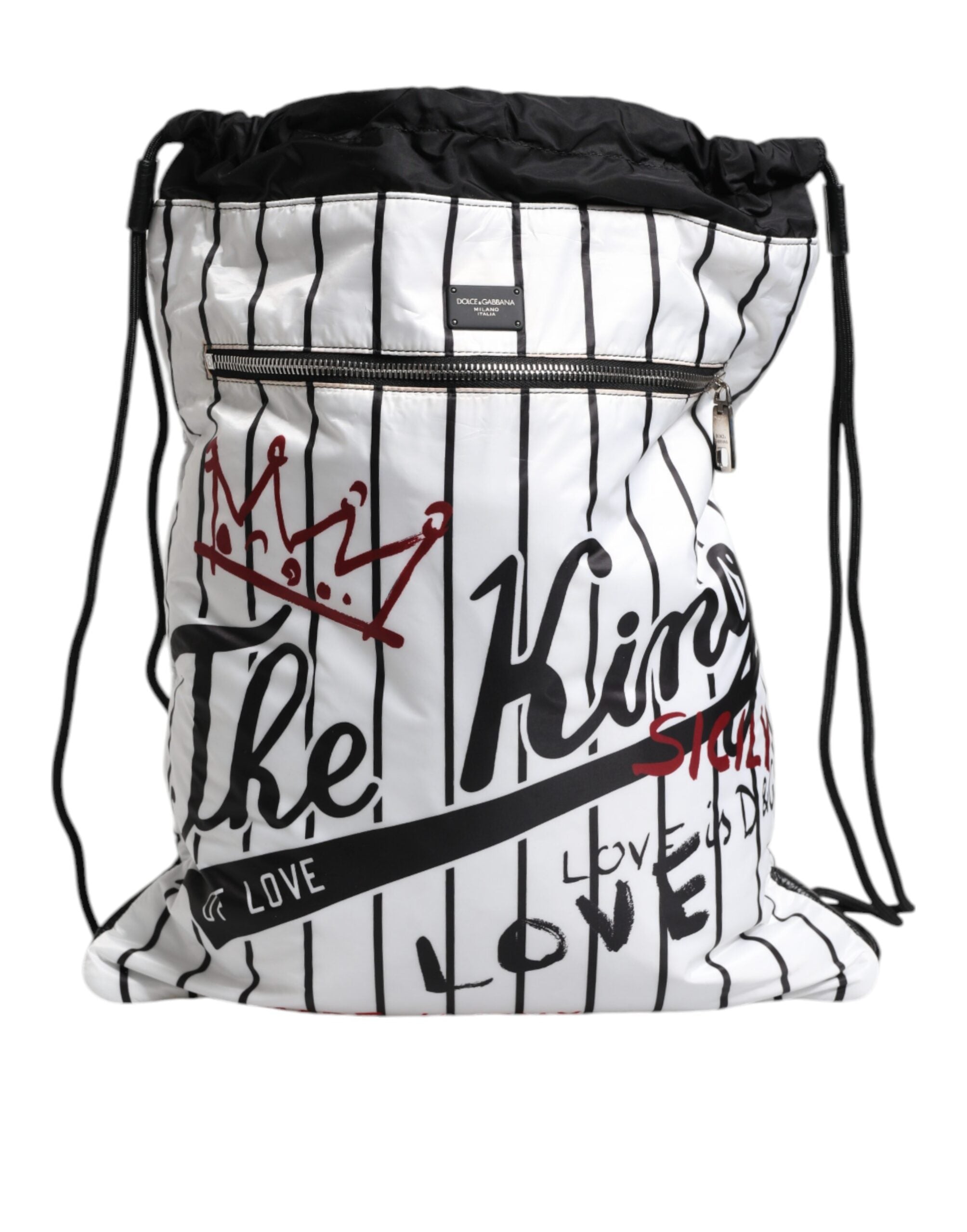 Dolce & Gabbana Black White Striped Polyester Drawstring Men's Bag (Pre-Owned)