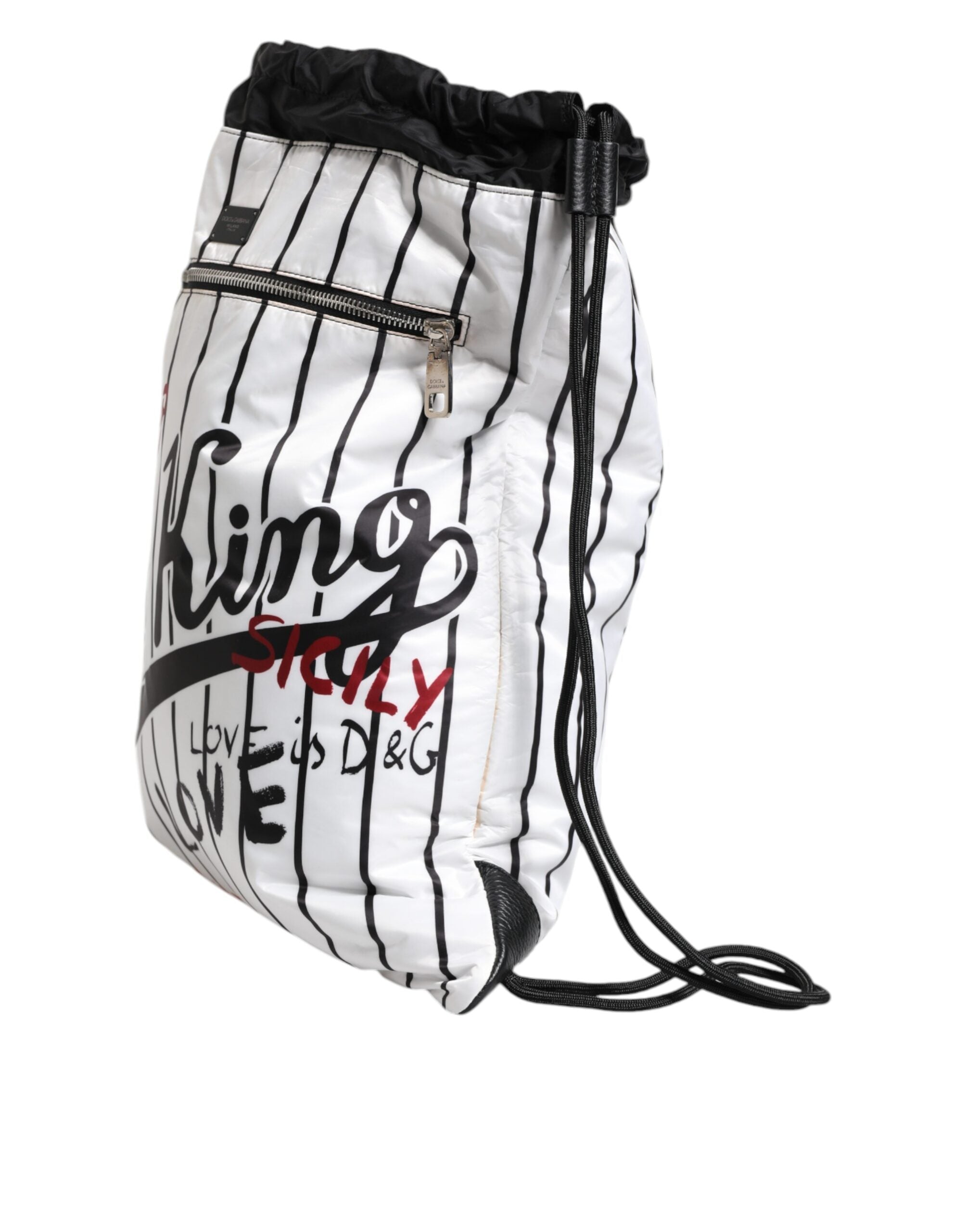 Dolce & Gabbana Black White Striped Polyester Drawstring Men's Bag (Pre-Owned)