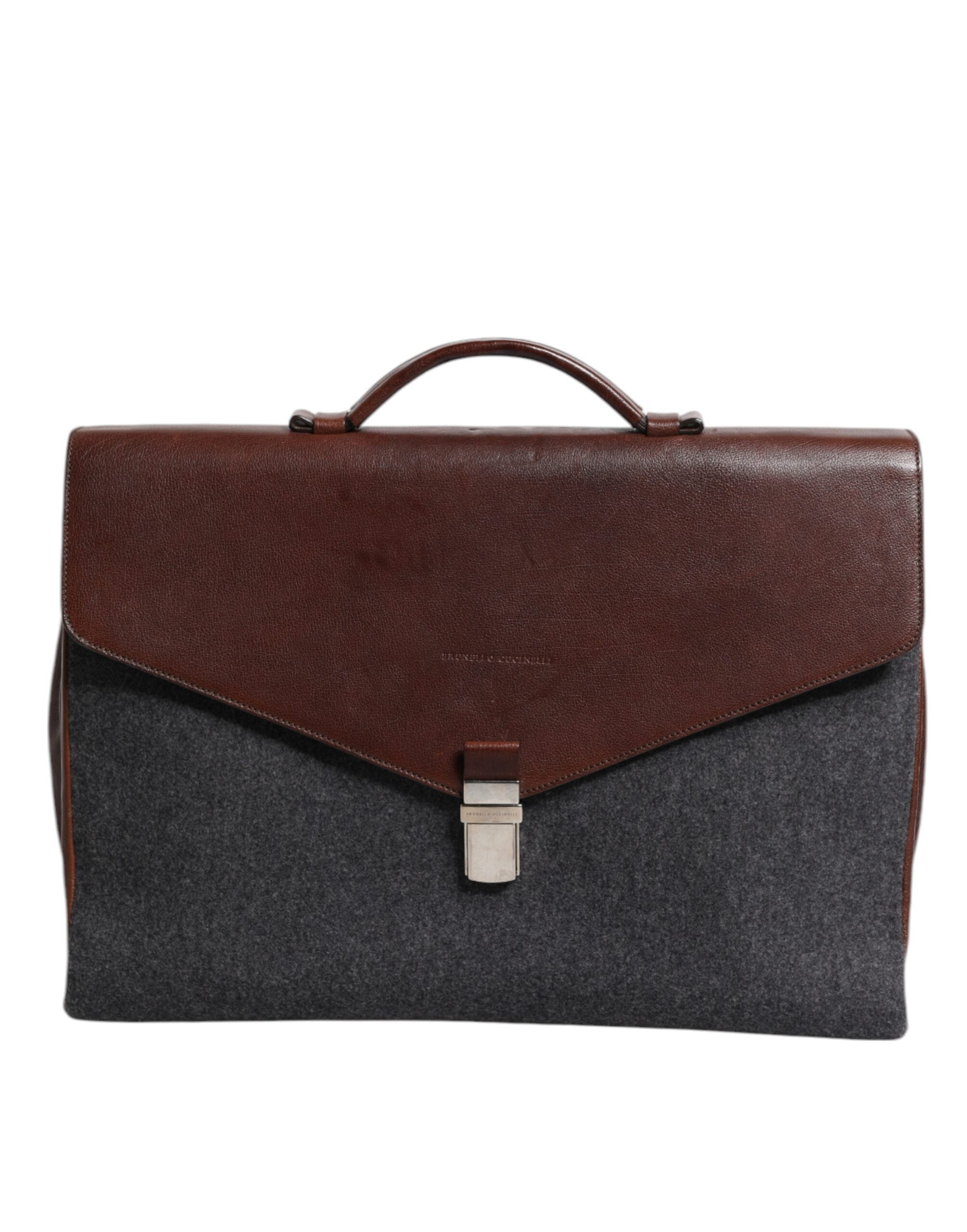 Brunello Cucinelli Brown Gray Leather Cognac Wool Business Tote Men's Bag (Pre-Owned)