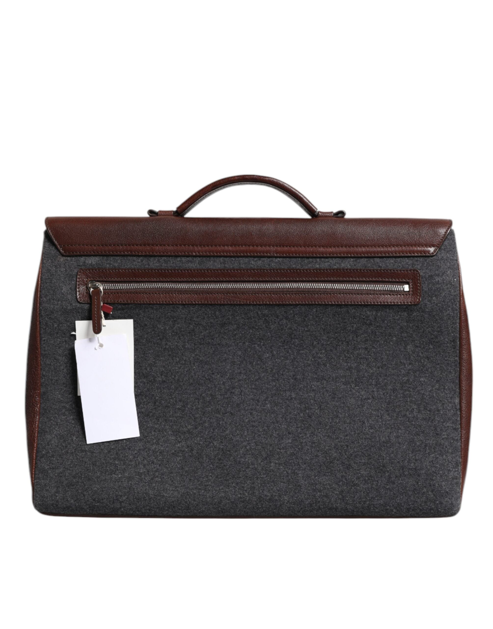 Brunello Cucinelli Brown Gray Leather Cognac Wool Business Tote Men's Bag (Pre-Owned)