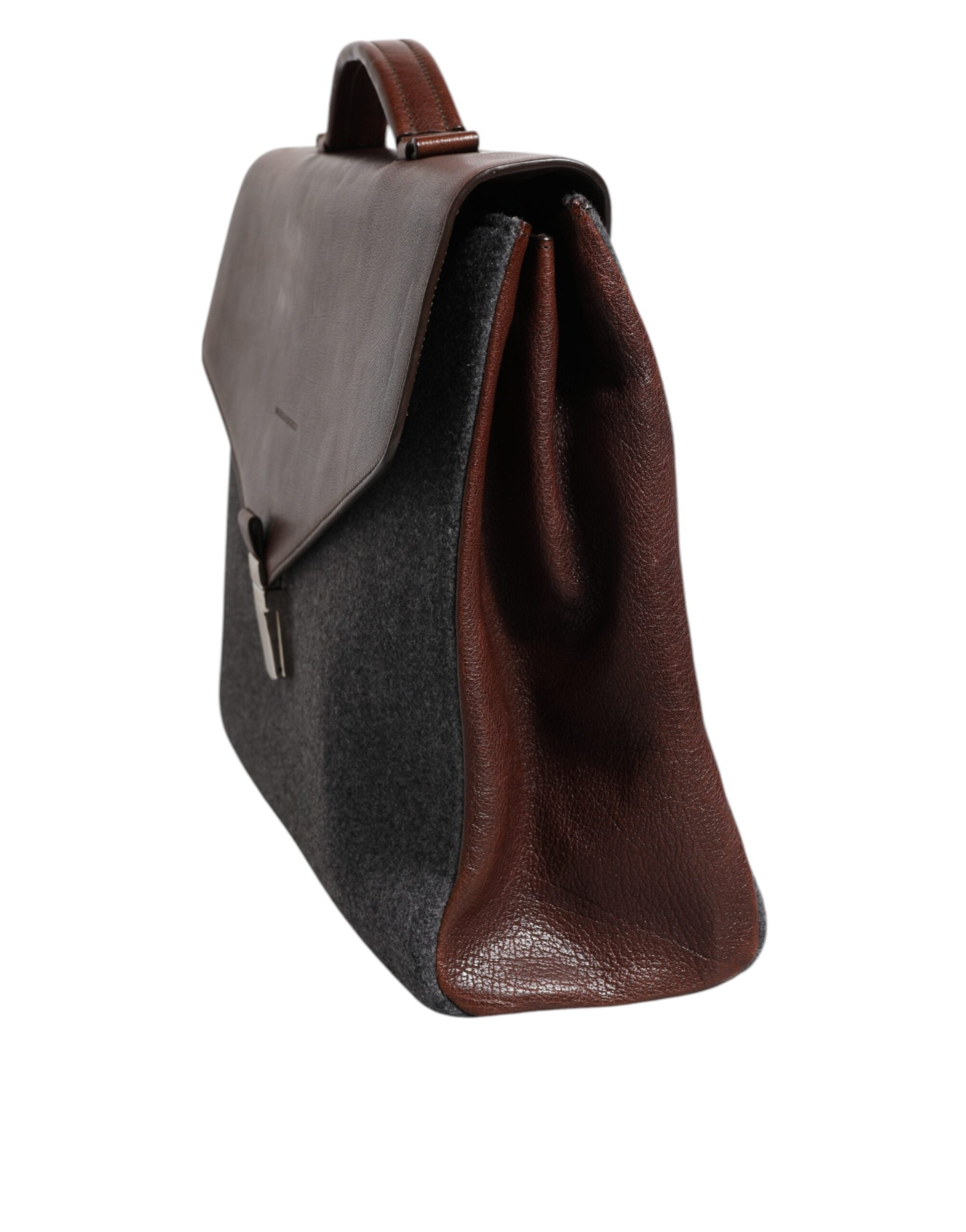 Brunello Cucinelli Brown Gray Leather Cognac Wool Business Tote Men's Bag (Pre-Owned)