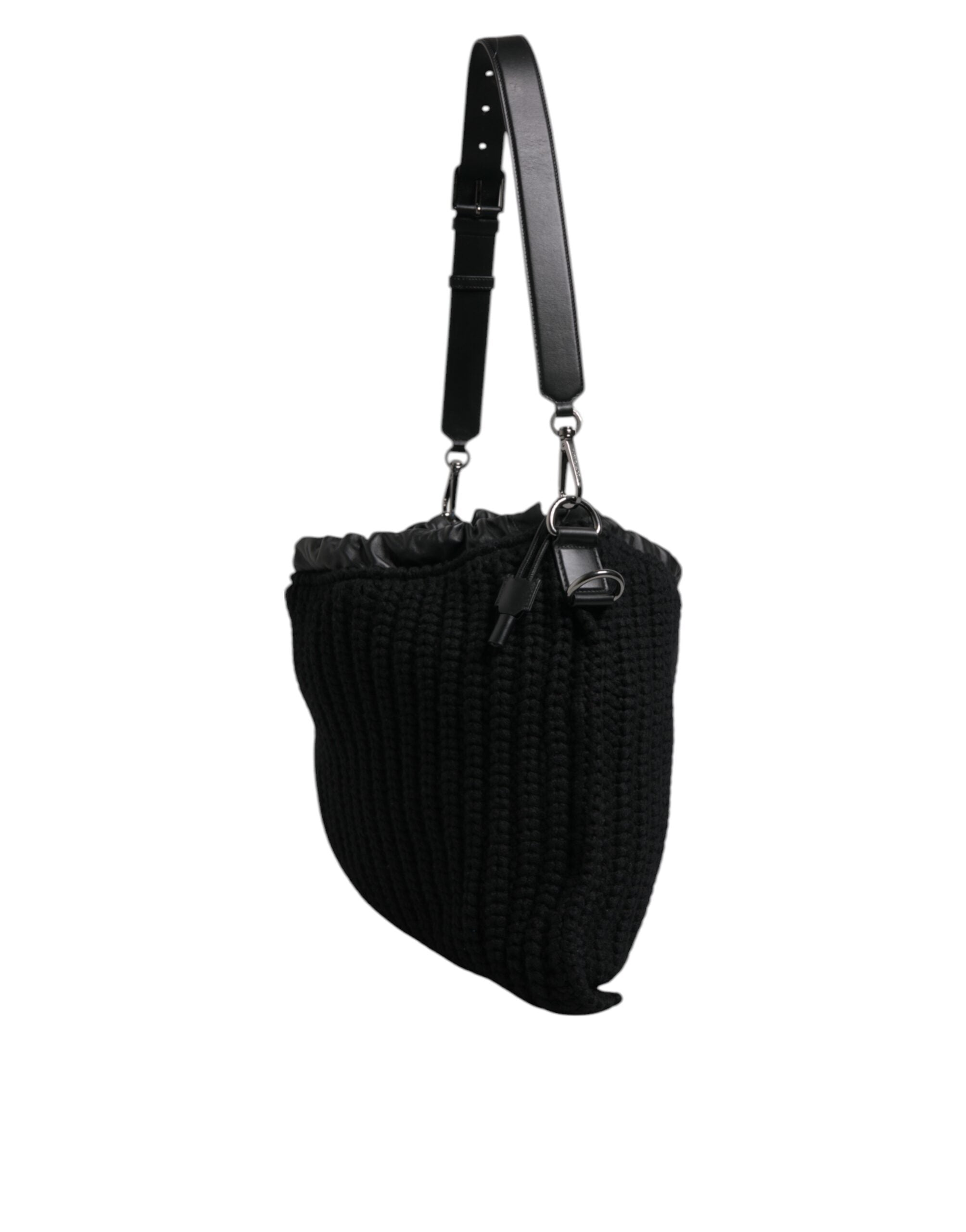 Dolce & Gabbana Black Cashmere Knitted Leather Shoulder Women's Bag