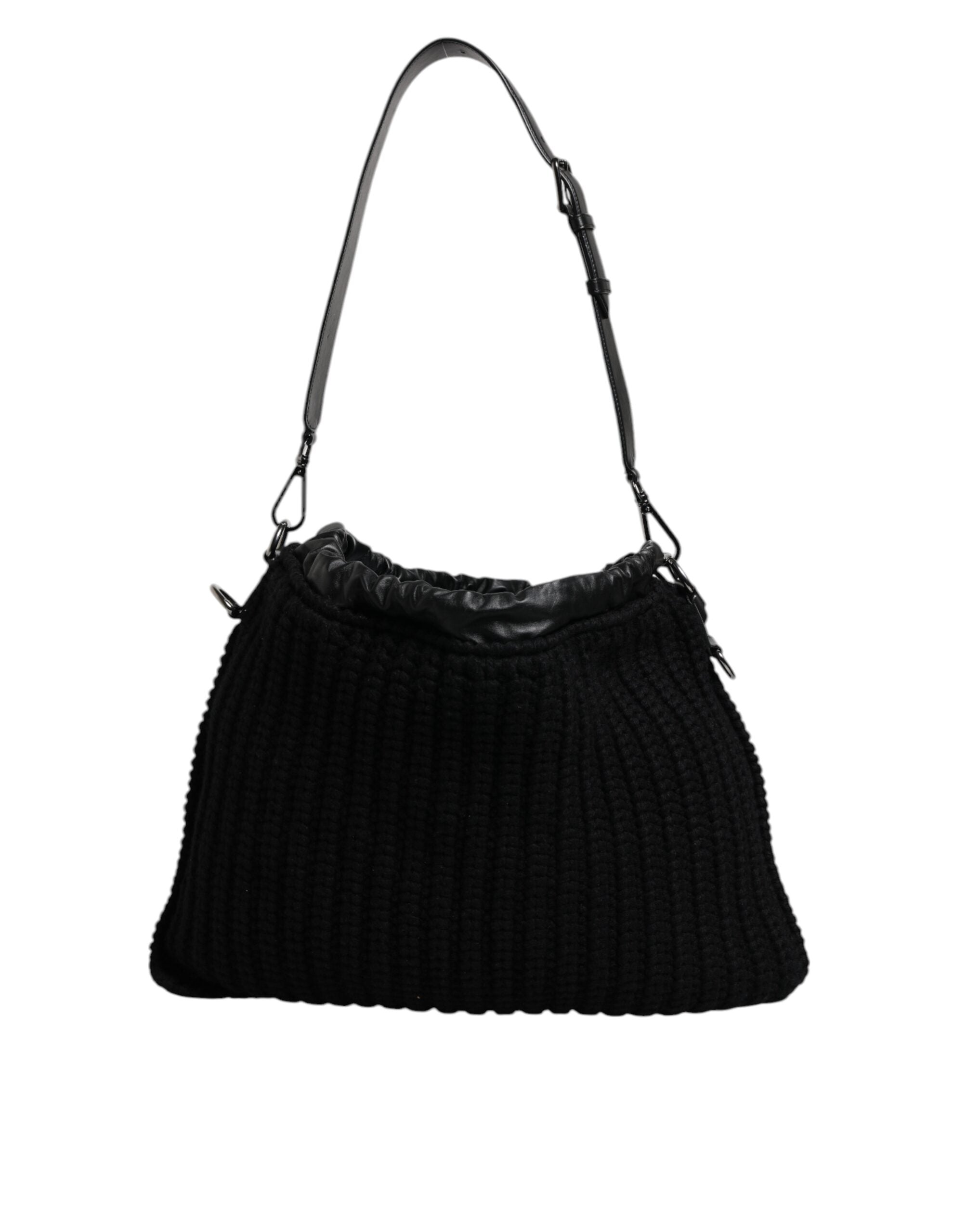 Dolce & Gabbana Black Cashmere Knitted Leather Shoulder Women's Bag