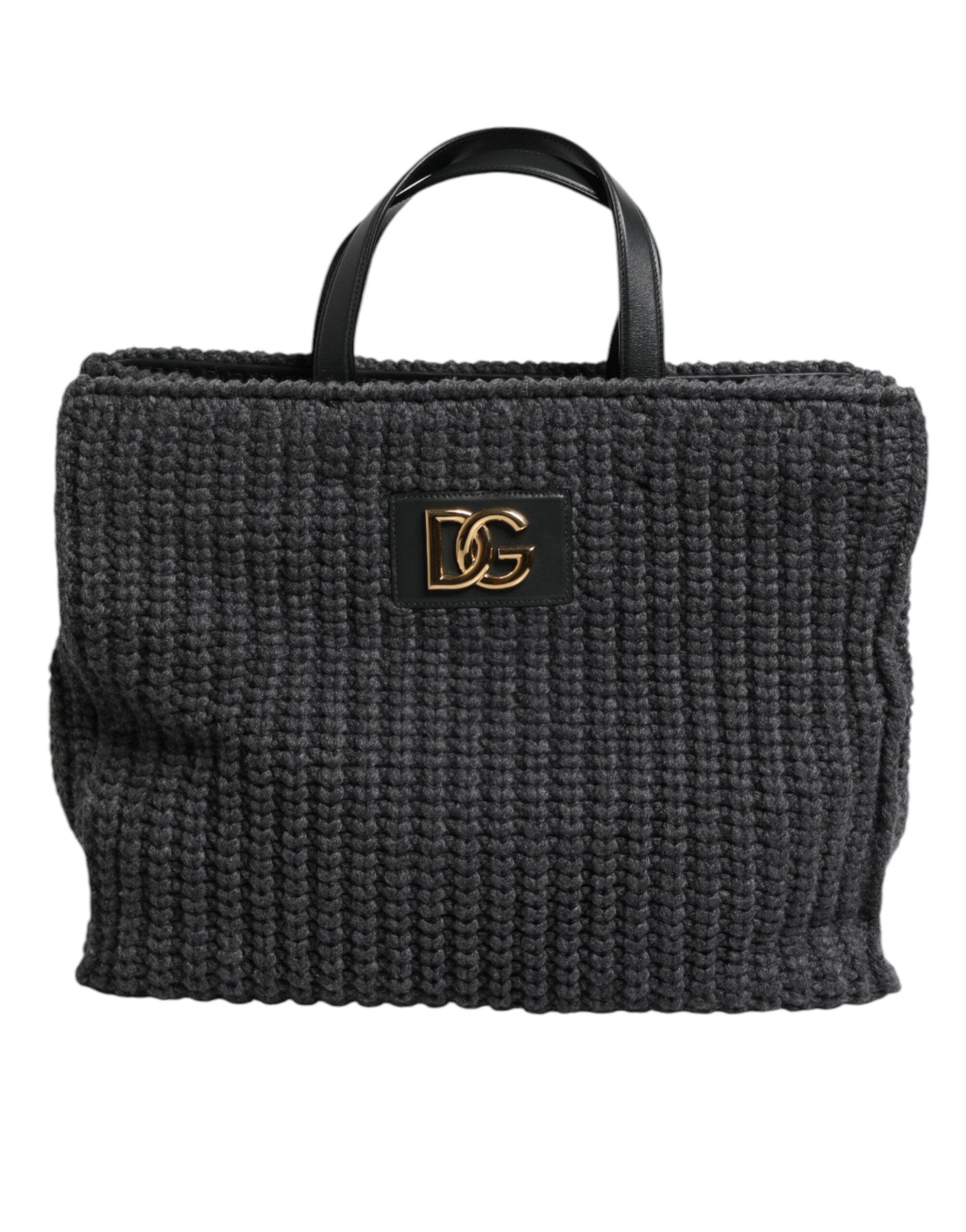 Dolce & Gabbana Black Large Knitted Crochet Shoulder Shopper DG Logo Women's Bag