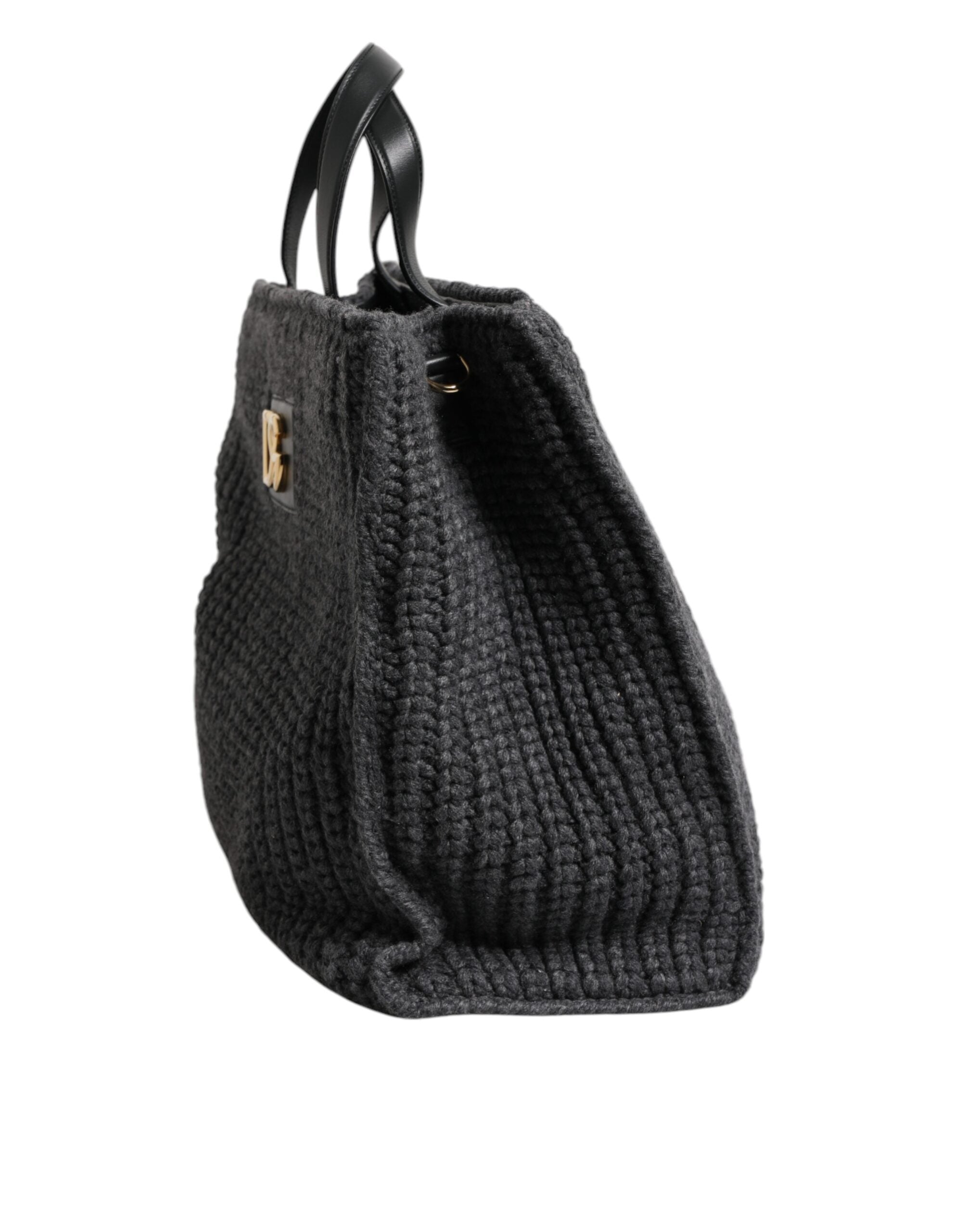 Dolce & Gabbana Black Large Knitted Crochet Shoulder Shopper DG Logo Women's Bag