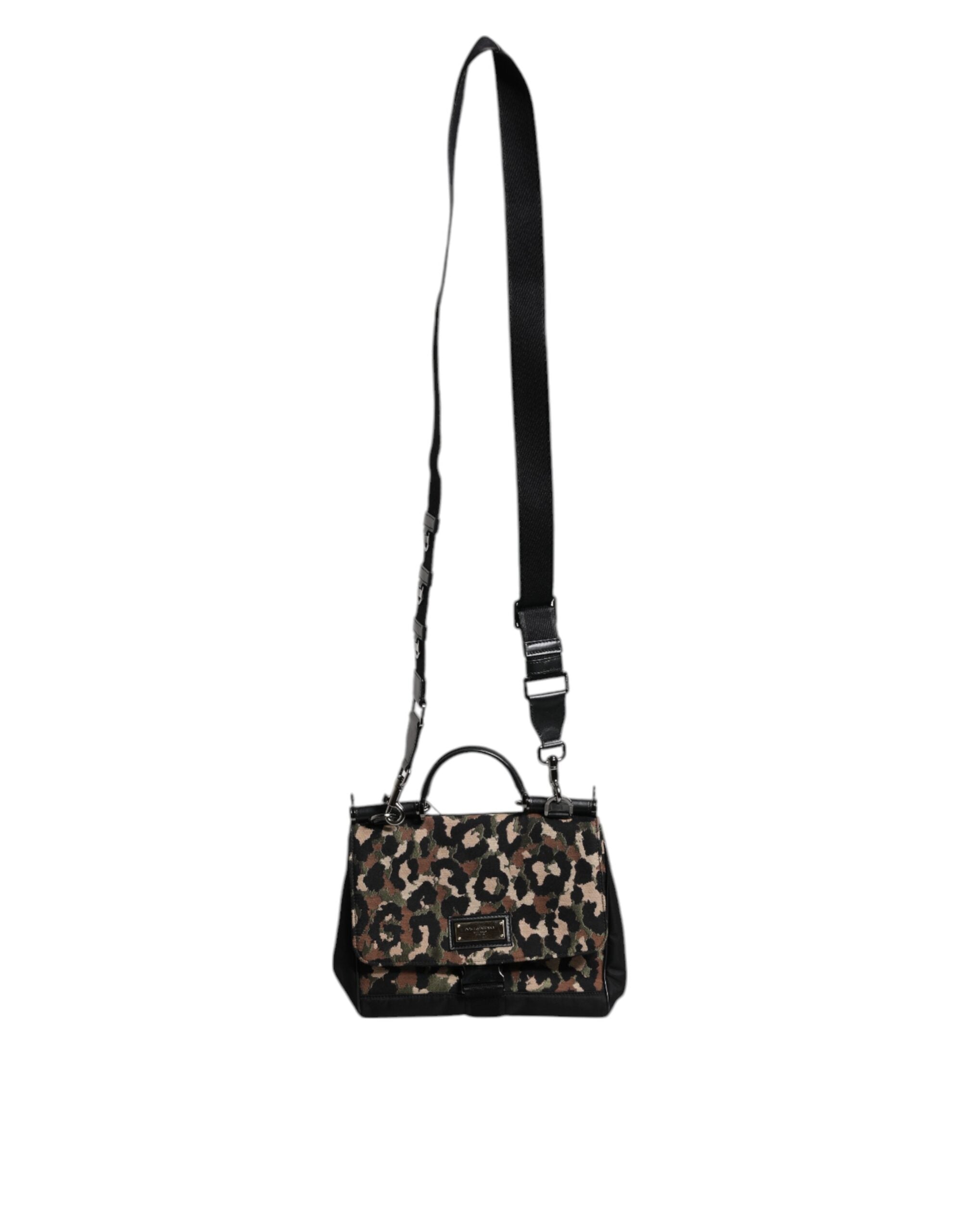 Dolce & Gabbana Brown Leopard Print Lacquard Nylon Sicily Tote Women's Bag