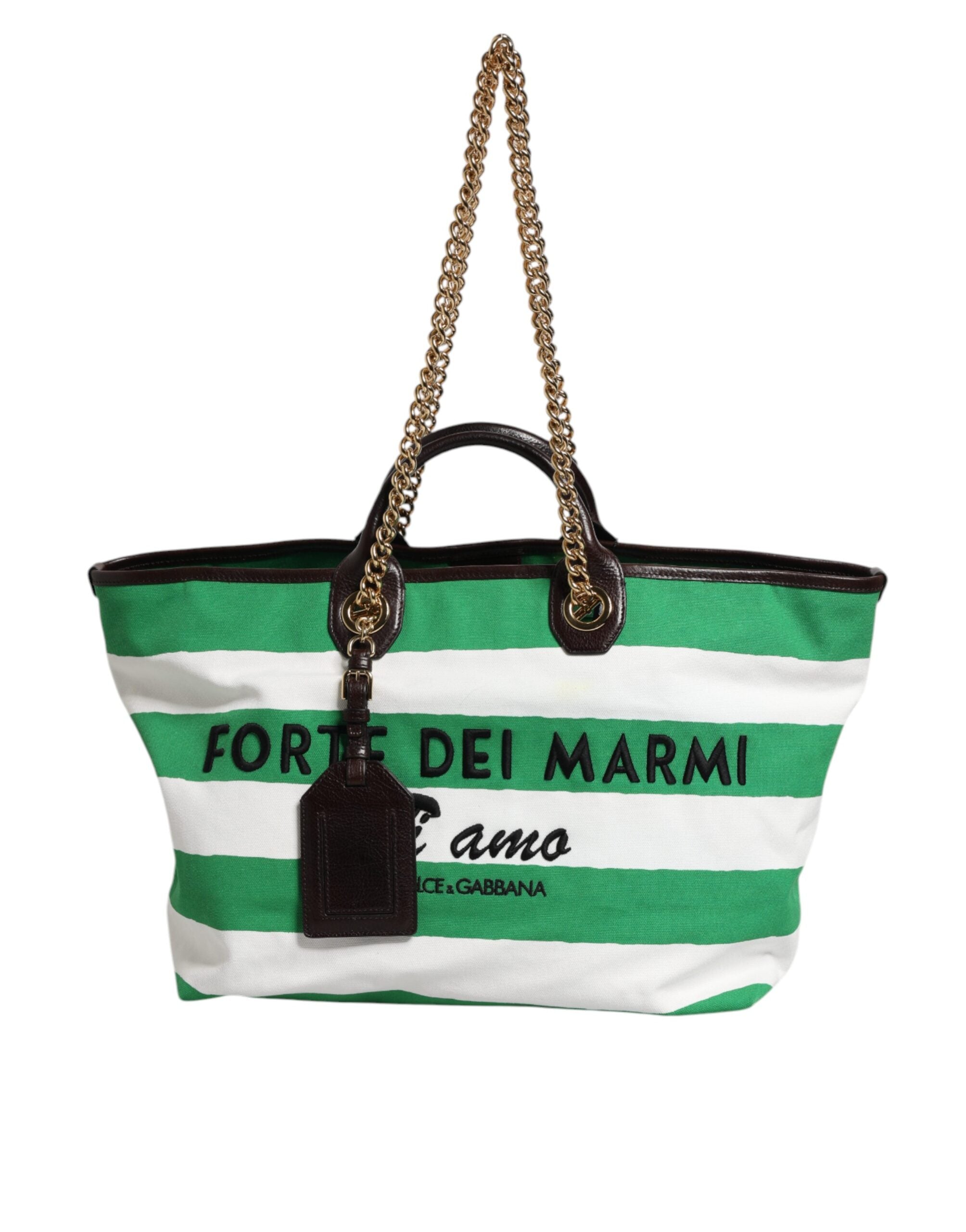 Dolce & Gabbana White Green Stripes Canvas Gold Chain Tote Women's Bag (Pre-Owned)