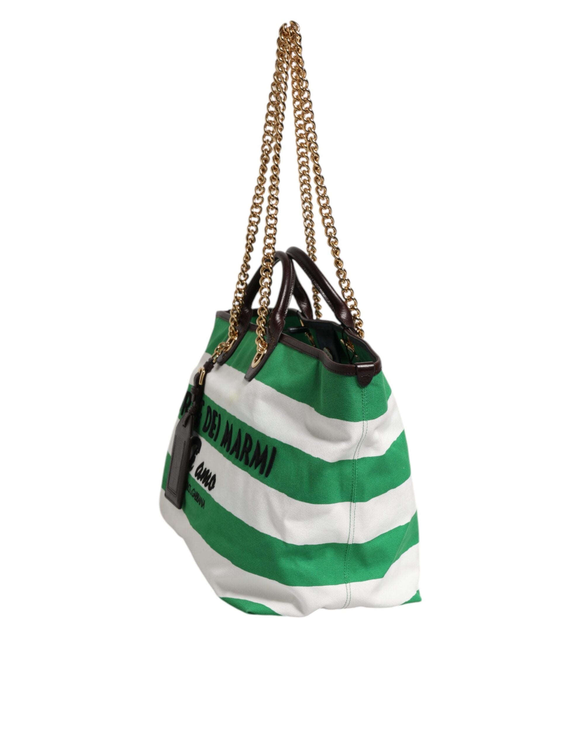 Dolce & Gabbana White Green Stripes Canvas Gold Chain Tote Women's Bag (Pre-Owned)