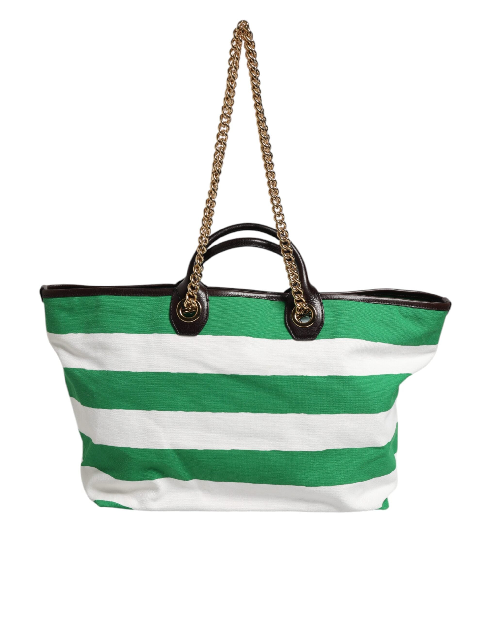 Dolce & Gabbana White Green Stripes Canvas Gold Chain Tote Women's Bag (Pre-Owned)