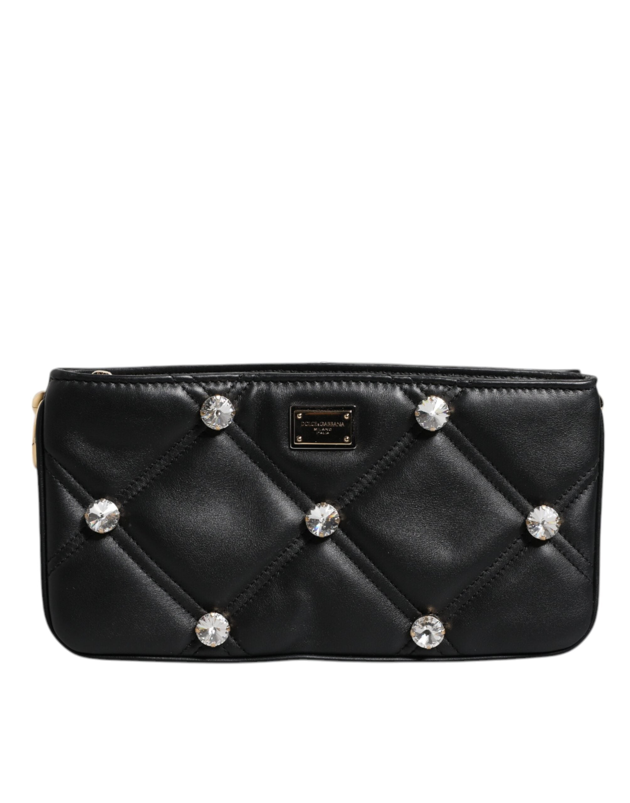 Dolce & Gabbana Black Leather Crystal Embellished Logo Shoulder Women's Bag