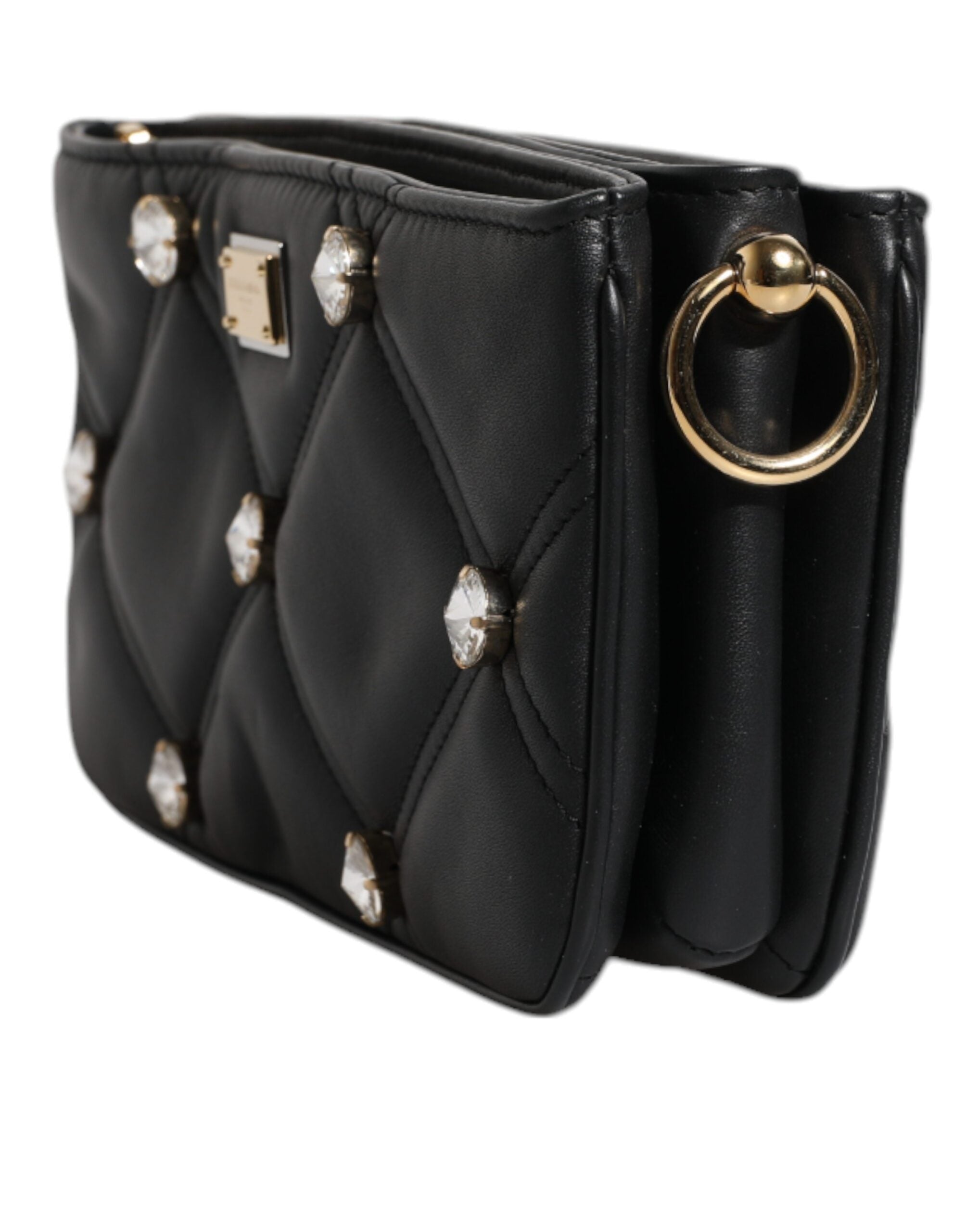Dolce & Gabbana Black Leather Crystal Embellished Logo Shoulder Women's Bag