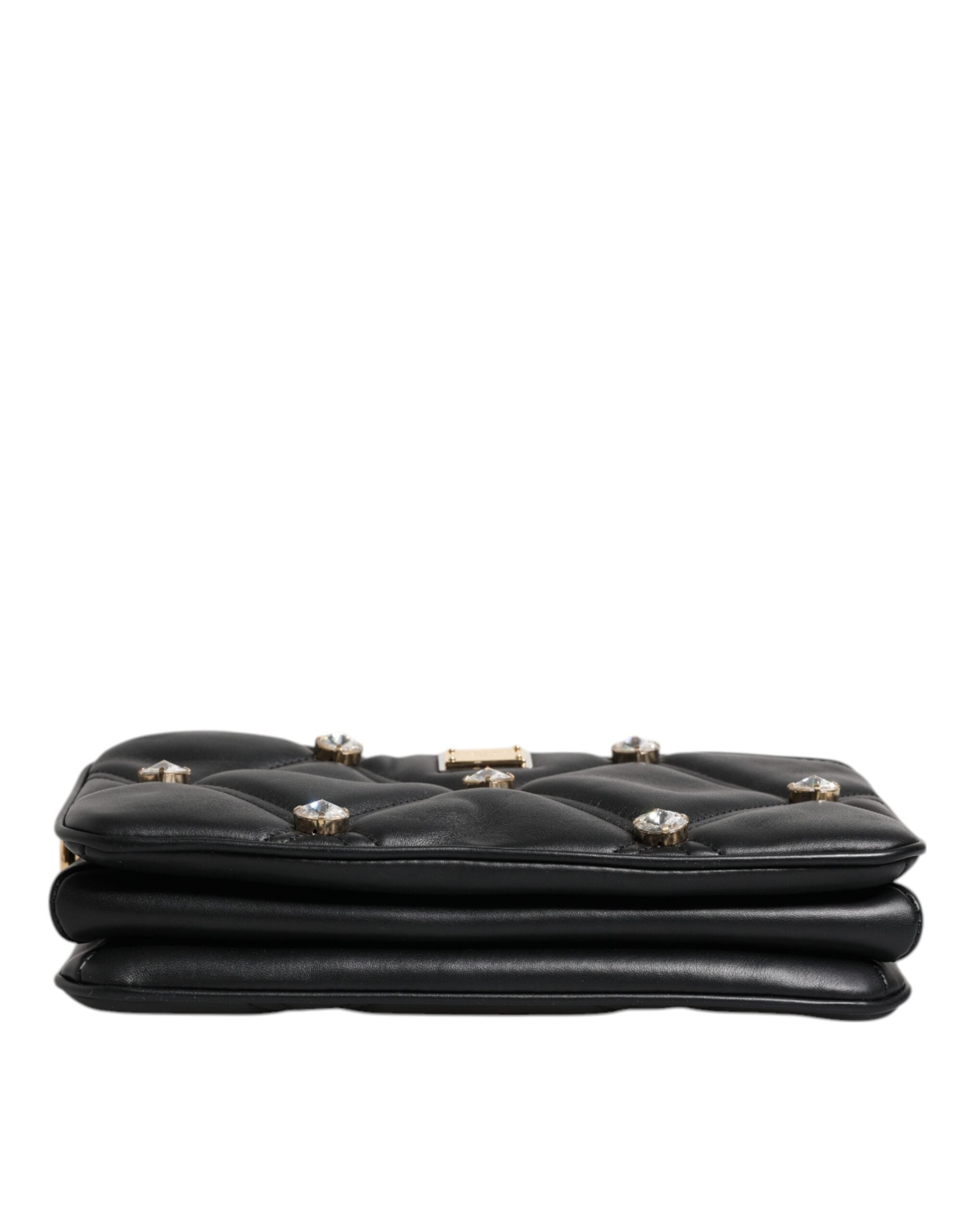 Dolce & Gabbana Black Leather Crystal Embellished Logo Shoulder Women's Bag