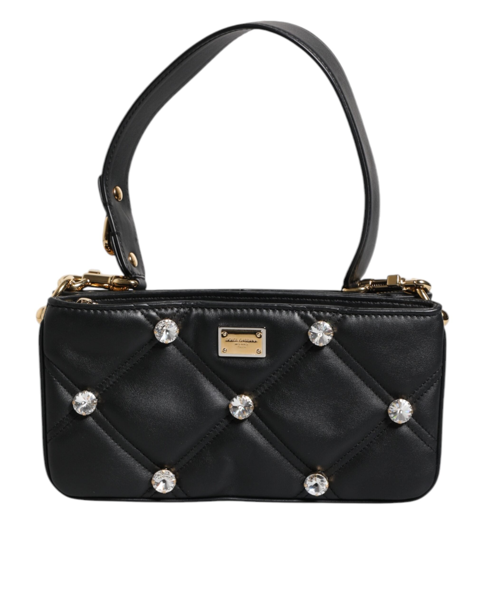 Dolce & Gabbana Black Leather Crystal Embellished Logo Shoulder Women's Bag