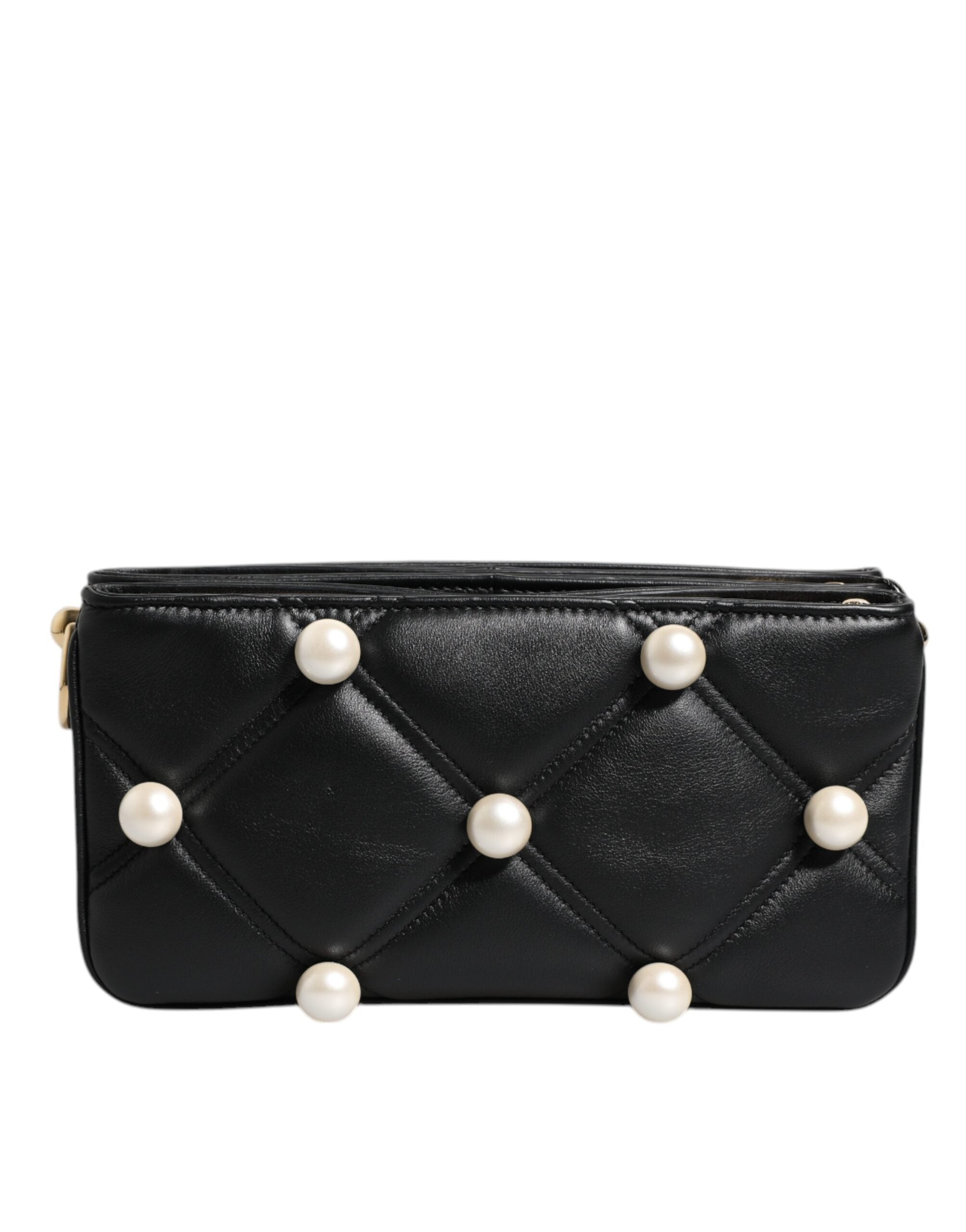 Dolce & Gabbana Black Leather Pearl Embellished Logo Shoulder Women's Bag
