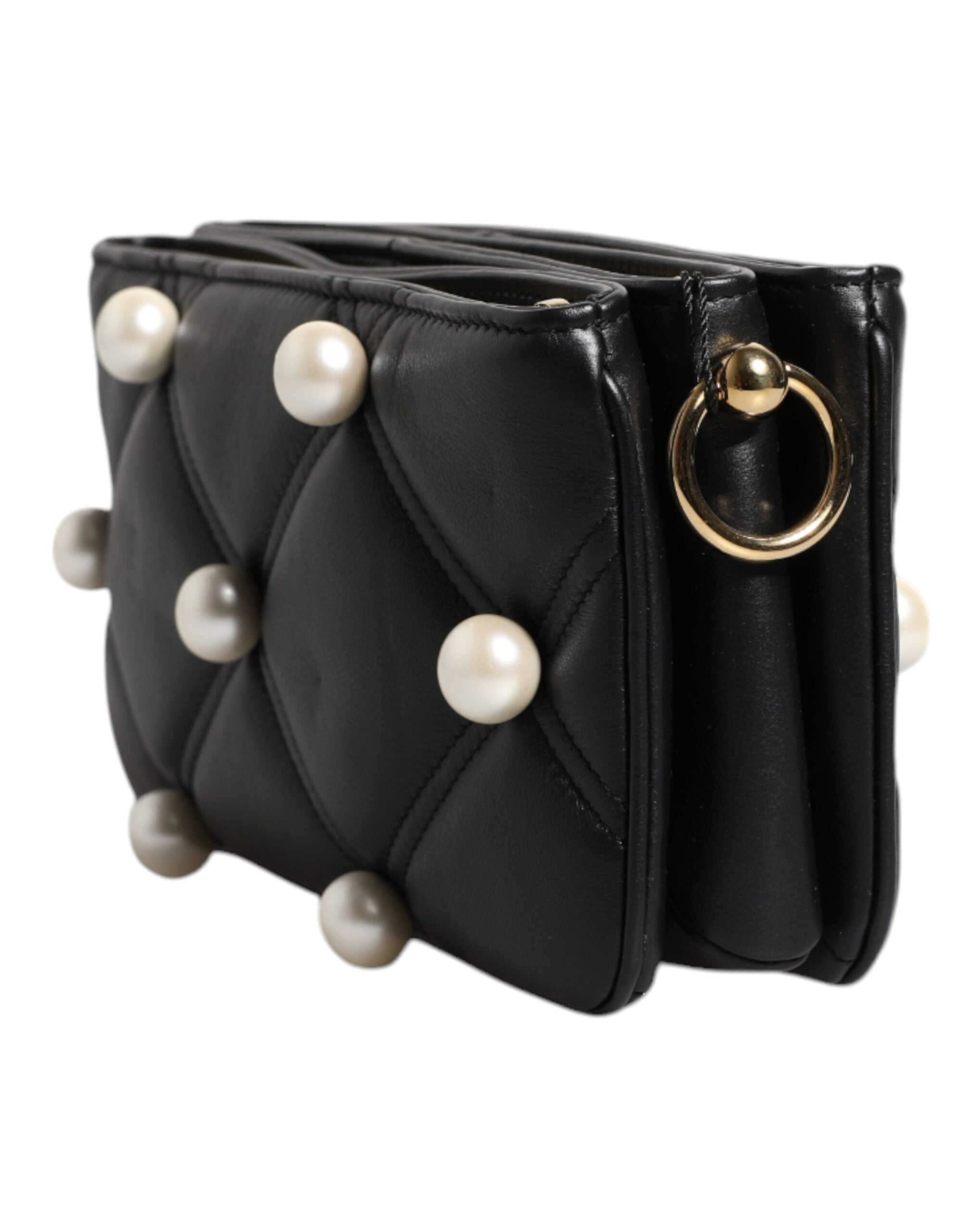 Dolce & Gabbana Black Leather Pearl Embellished Logo Shoulder Women's Bag