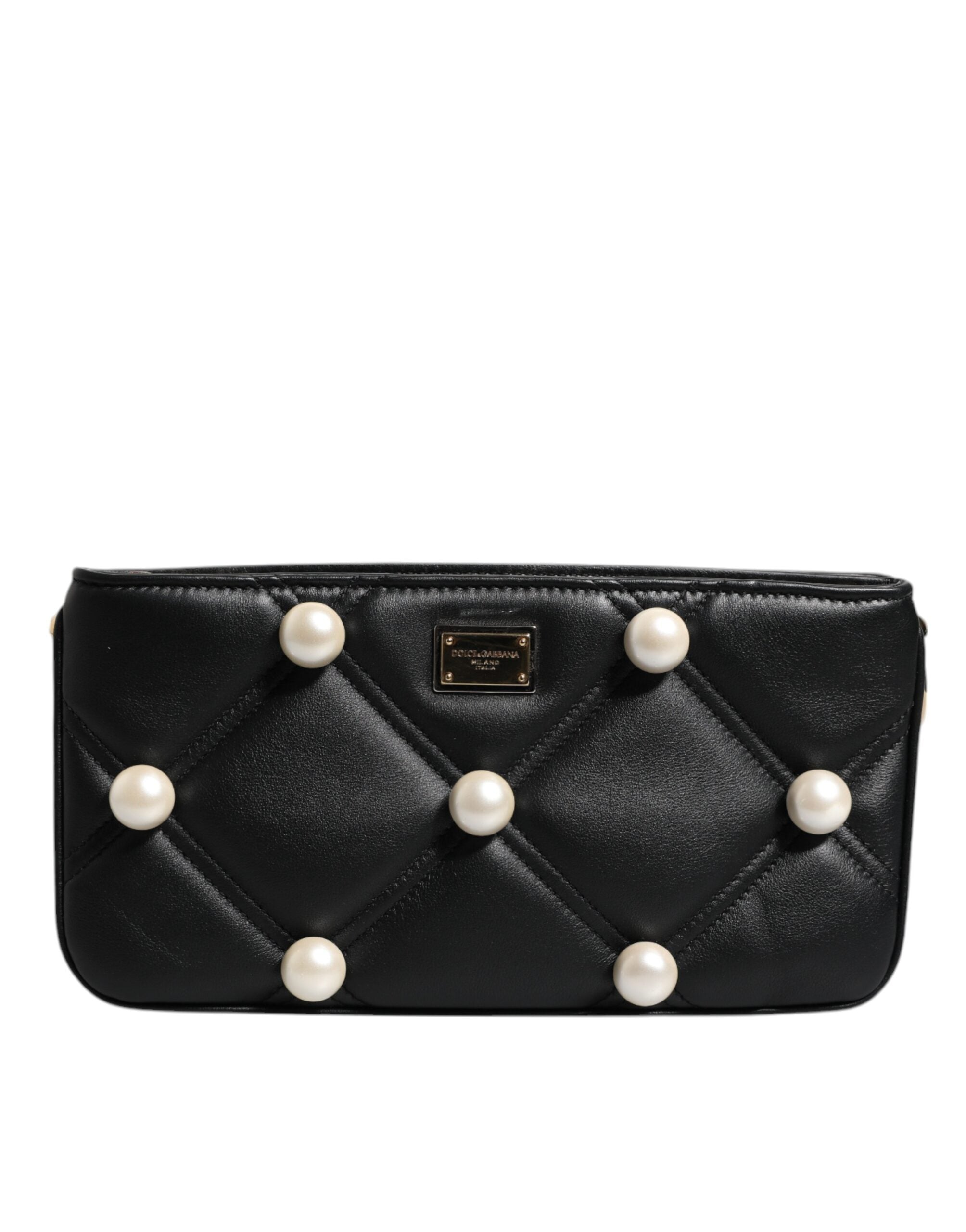 Dolce & Gabbana Black Leather Pearl Embellished Logo Shoulder Women's Bag