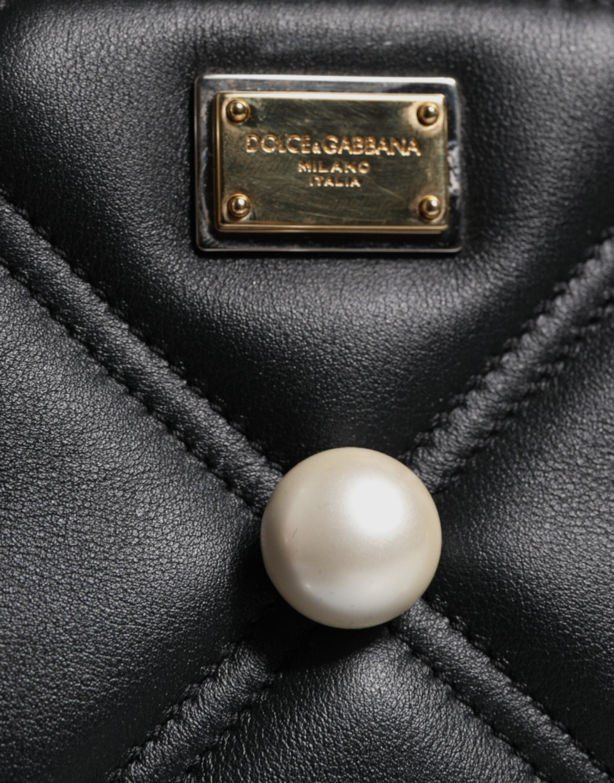 Dolce & Gabbana Black Leather Pearl Embellished Logo Shoulder Women's Bag