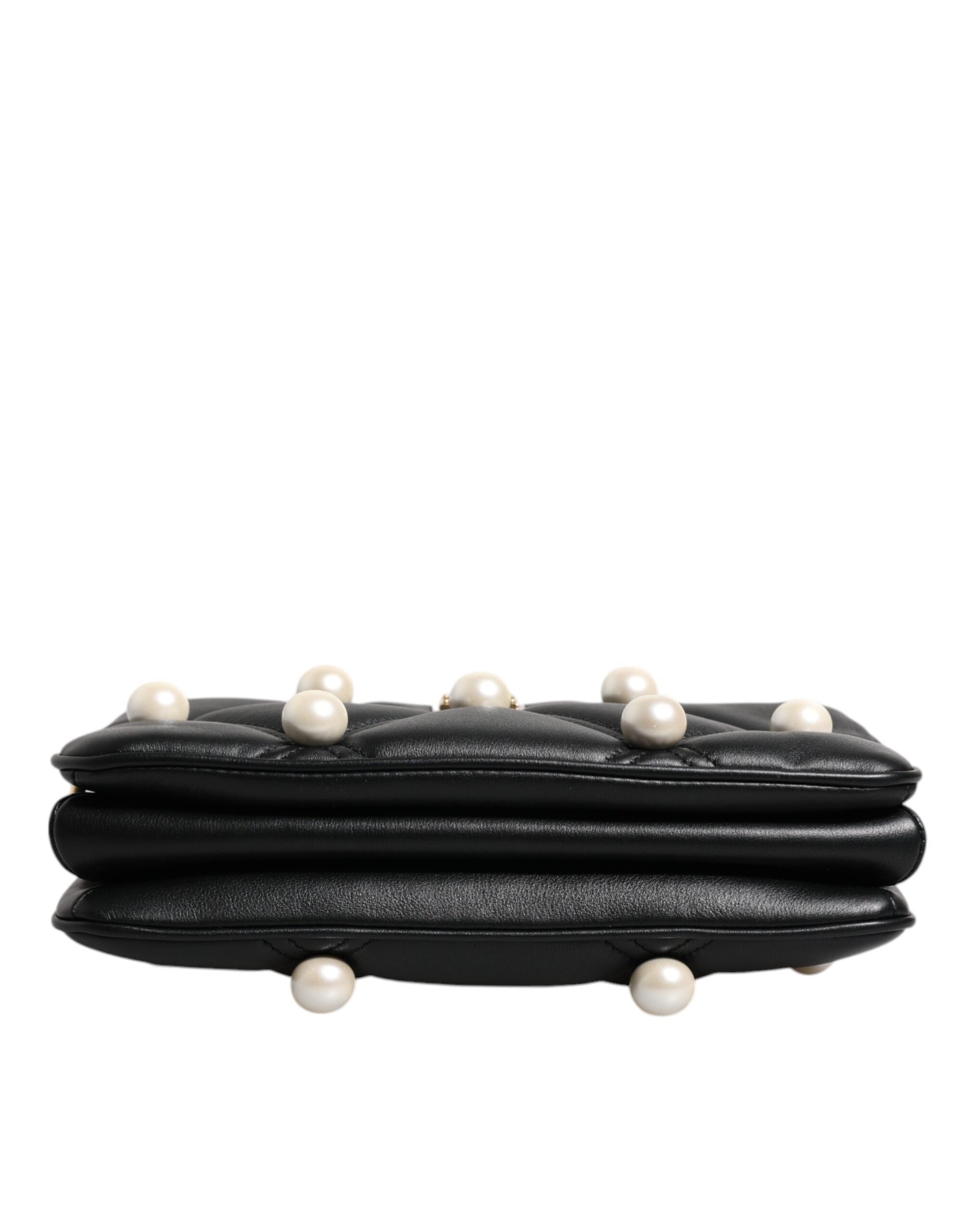Dolce & Gabbana Black Leather Pearl Embellished Logo Shoulder Women's Bag