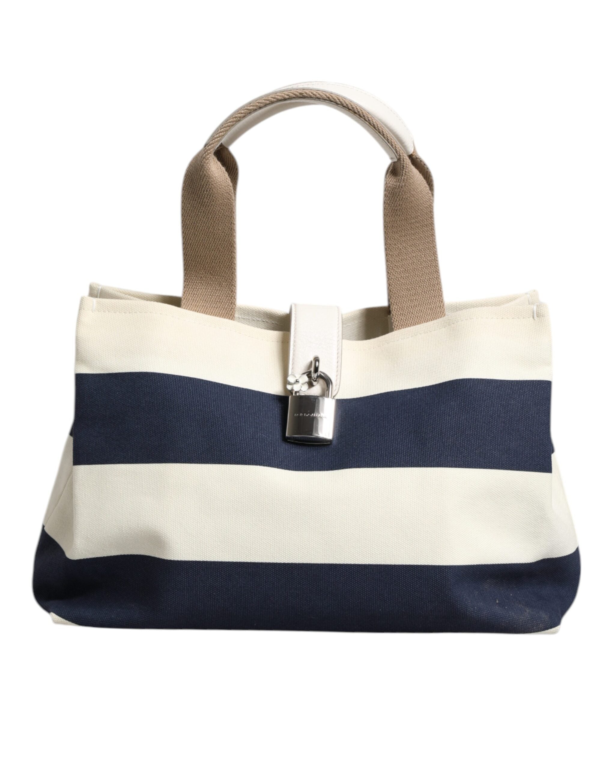 Dolce & Gabbana White Navy Striped Canvas Top Handle Tote Tote Women's Bag (Pre-Owned)