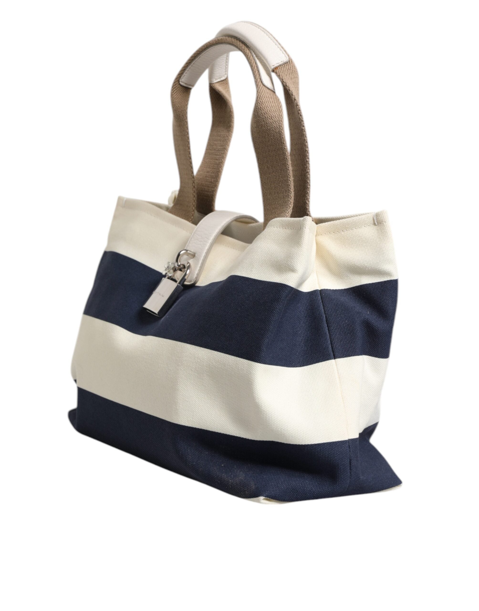 Dolce & Gabbana White Navy Striped Canvas Top Handle Tote Tote Women's Bag (Pre-Owned)