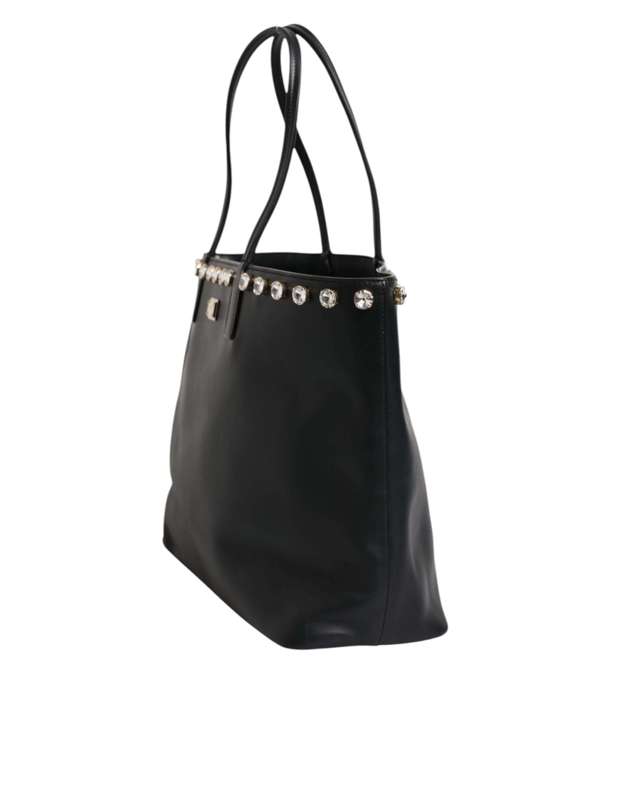 Dolce & Gabbana Black Crystal Leather Shopping Women Tote Women's Bag (Pre-Owned)