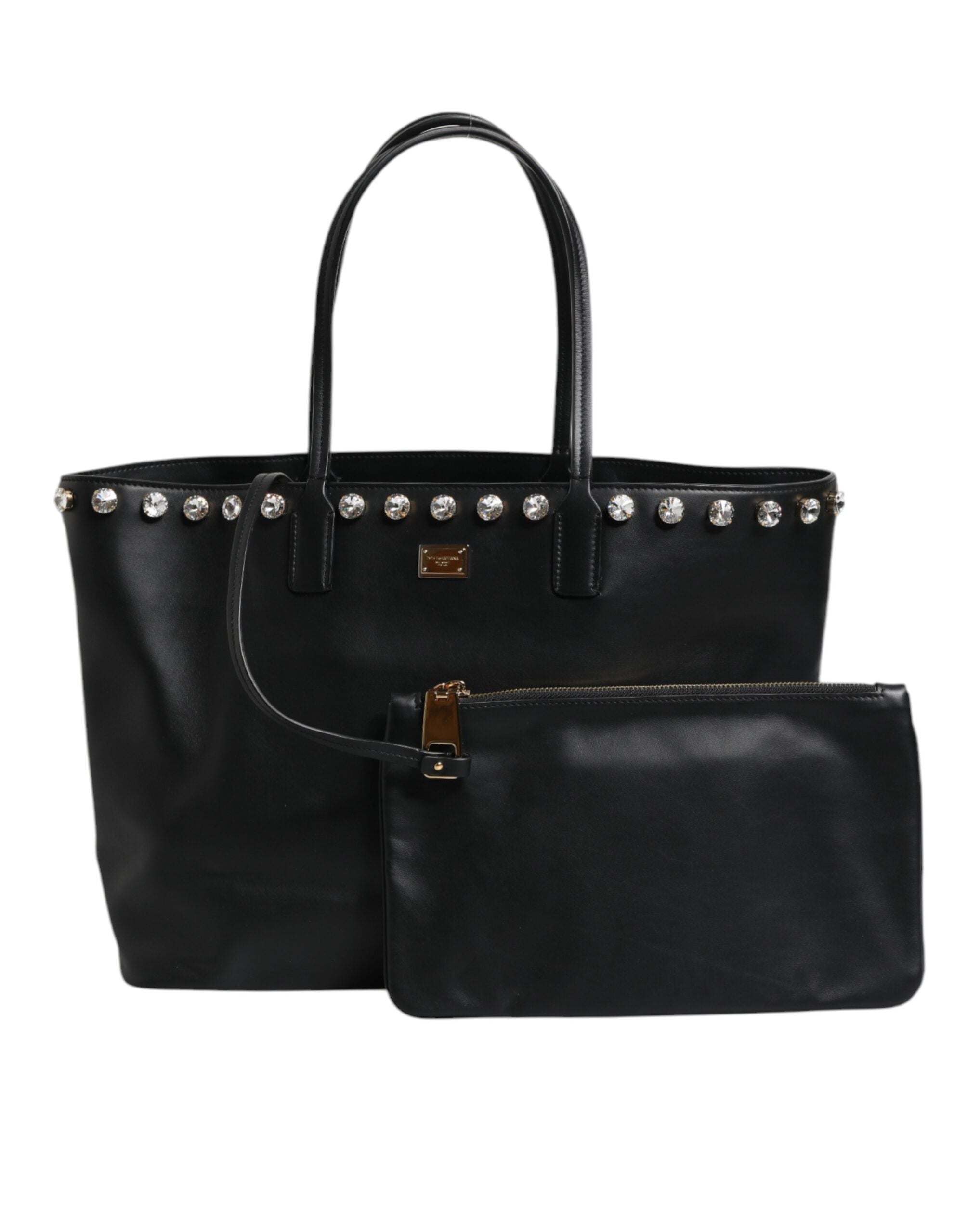 Dolce & Gabbana Black Crystal Leather Shopping Women Tote Women's Bag (Pre-Owned)