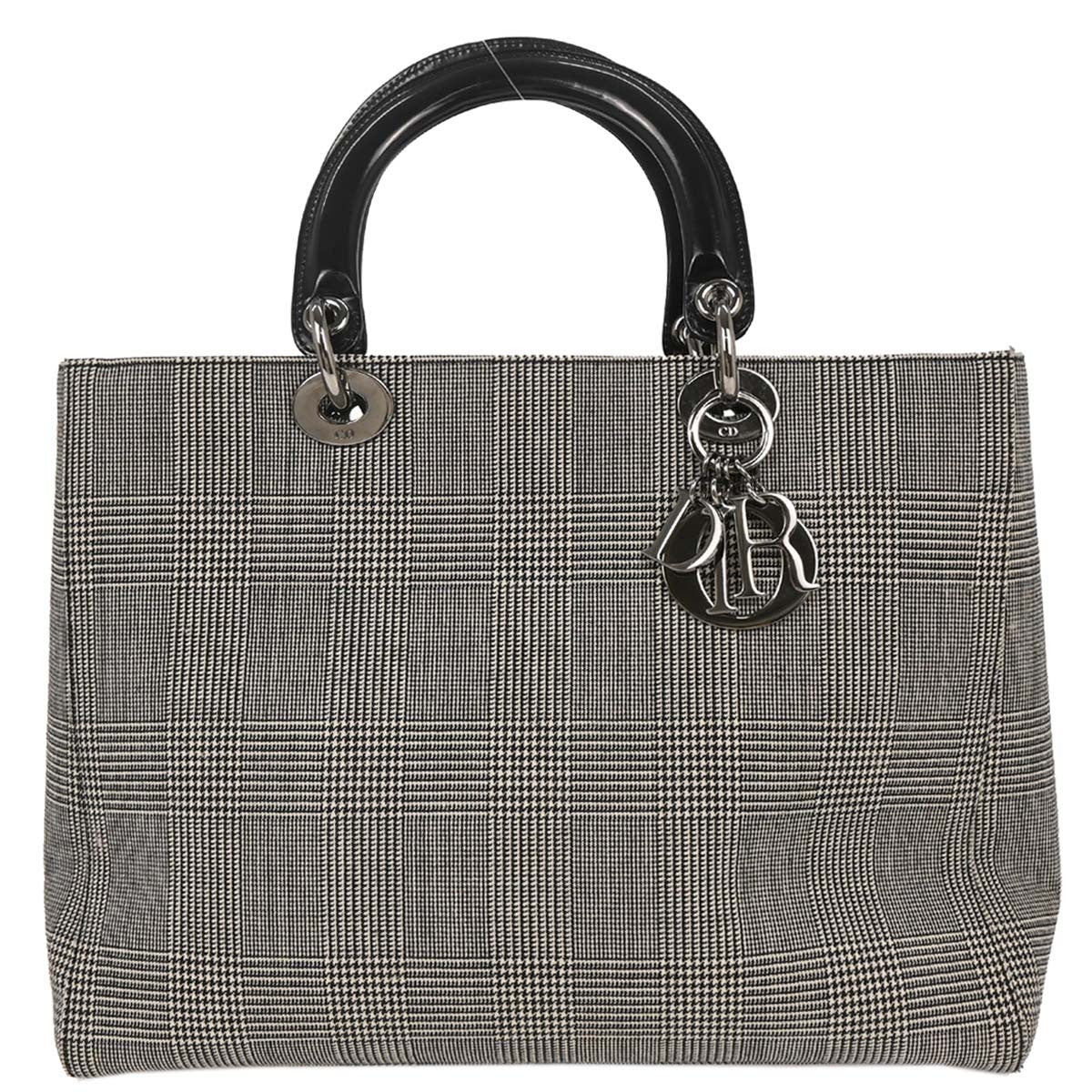Christian Dior Vintage Lady Dior Houndstooth Canvas Black Canvas Handbag (Pre-Owned)