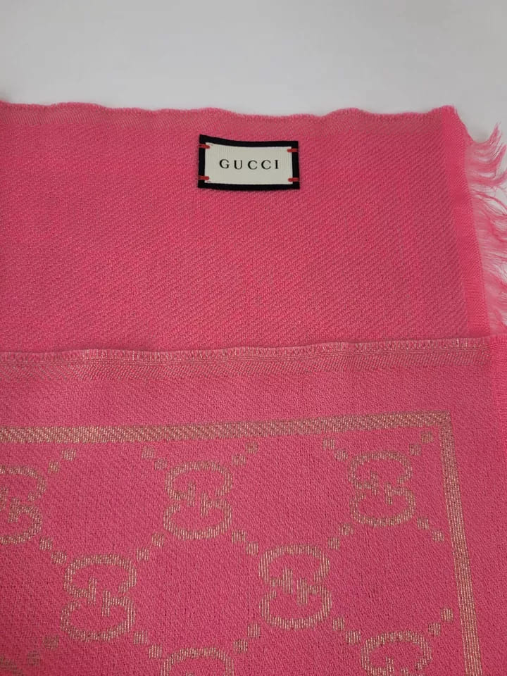 Gucci Bright Pink Metallic Gold Guccissima Wool Blend Scarf