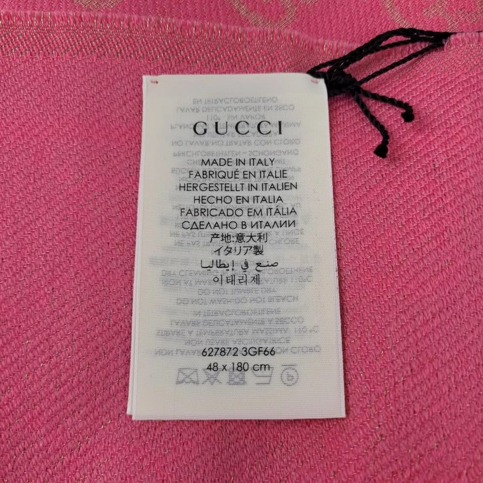 Gucci Bright Pink Metallic Gold Guccissima Wool Blend Scarf