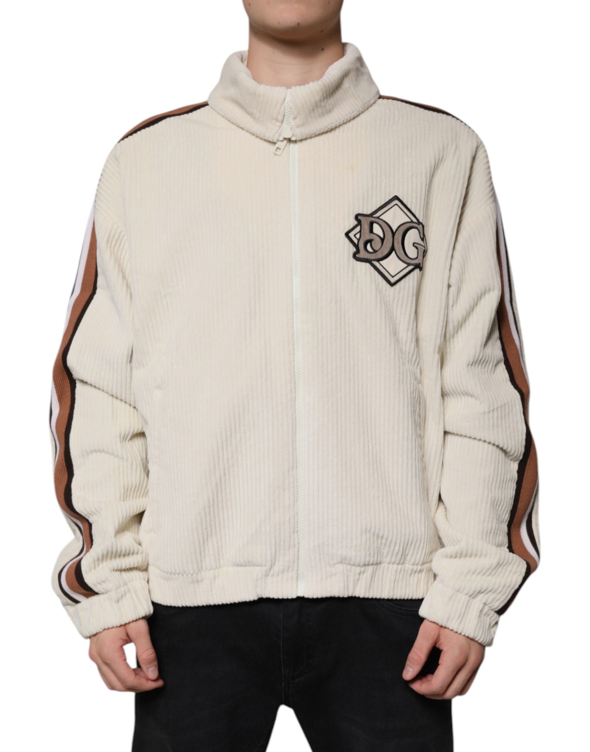 Dolce & Gabbana Beige Logo Applique Cotton Corduroy Full Zip Men's Jacket