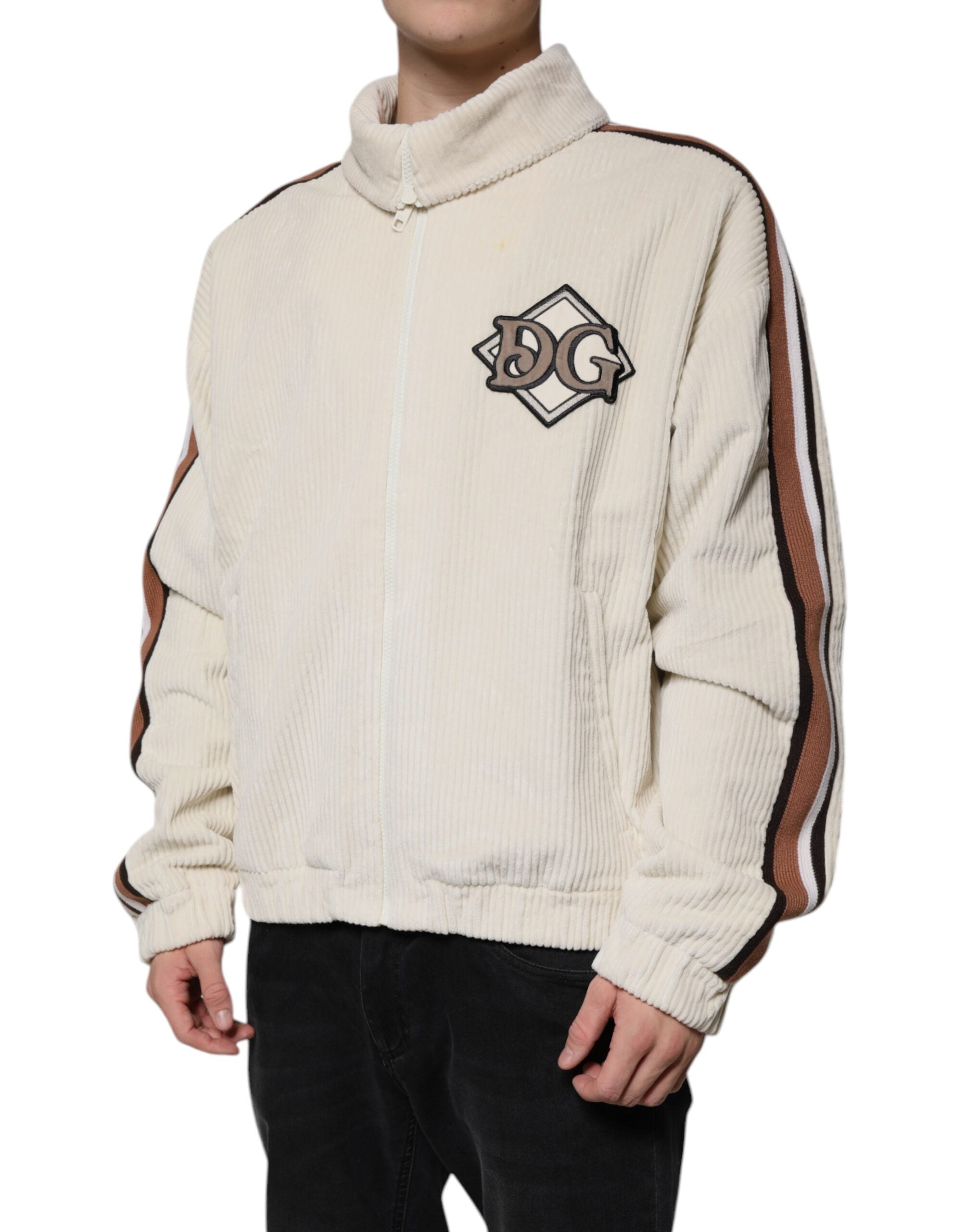 Dolce & Gabbana Beige Logo Applique Cotton Corduroy Full Zip Men's Jacket