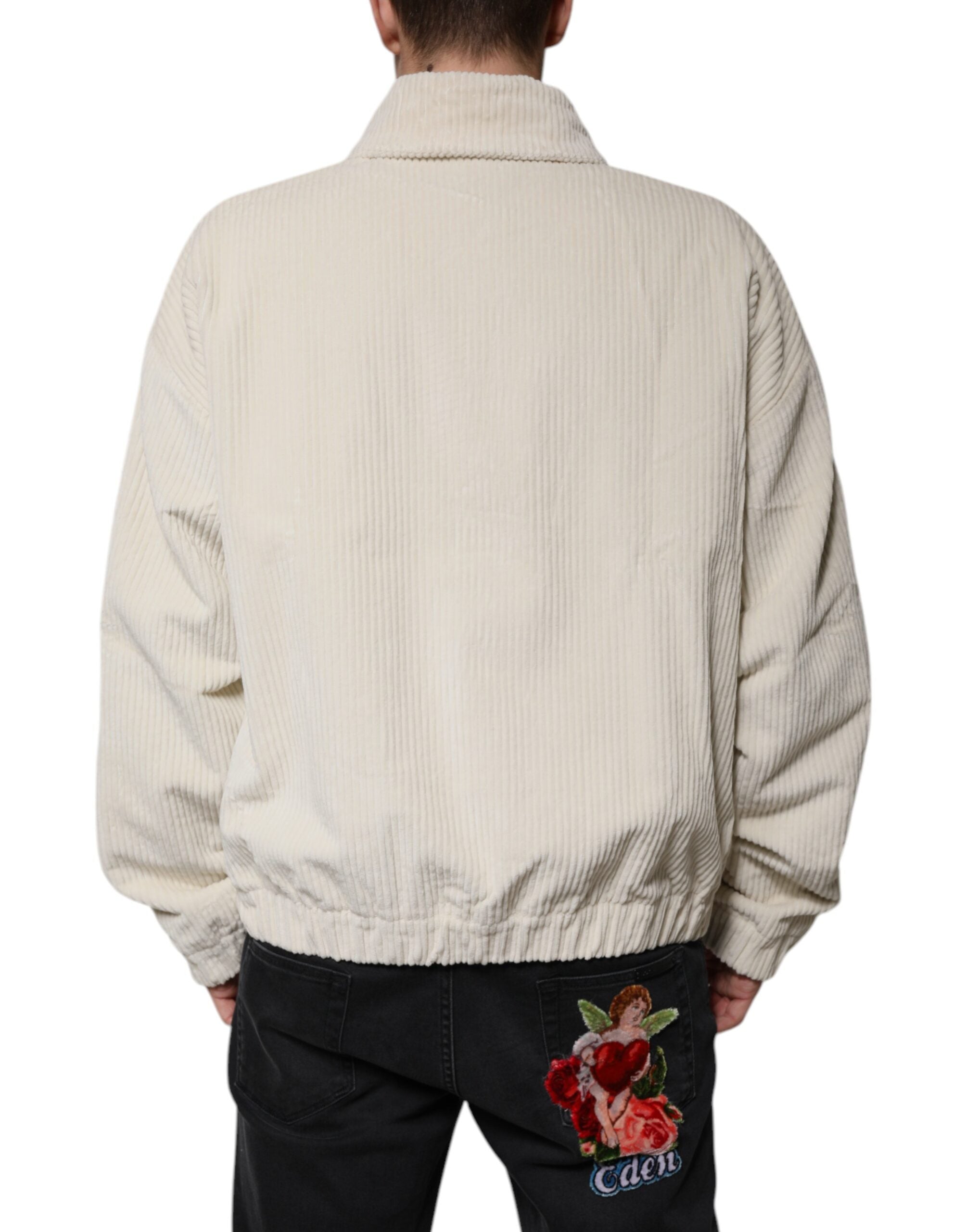 Dolce & Gabbana Beige Logo Applique Cotton Corduroy Full Zip Men's Jacket
