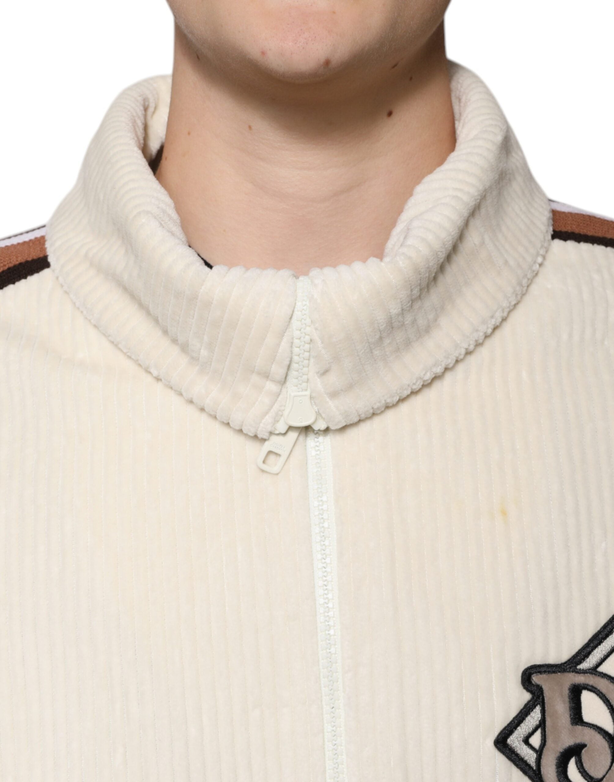 Dolce & Gabbana Beige Logo Applique Cotton Corduroy Full Zip Men's Jacket